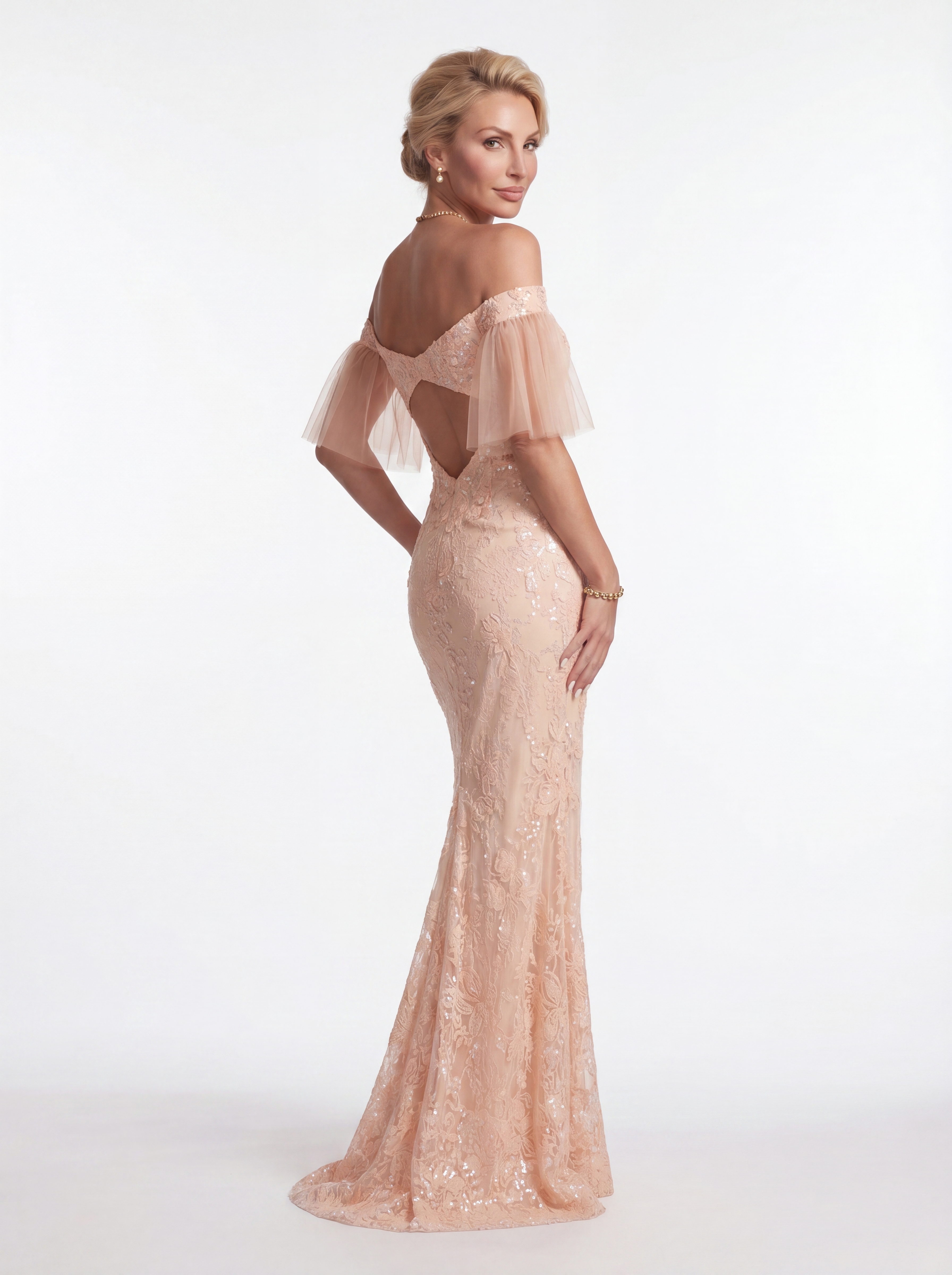 Sparkly Peach Floral Lace Mermaid Evening Gown - Off-The-Shoulder Flutter Sleeve Prom & Mother of the Bride Dress