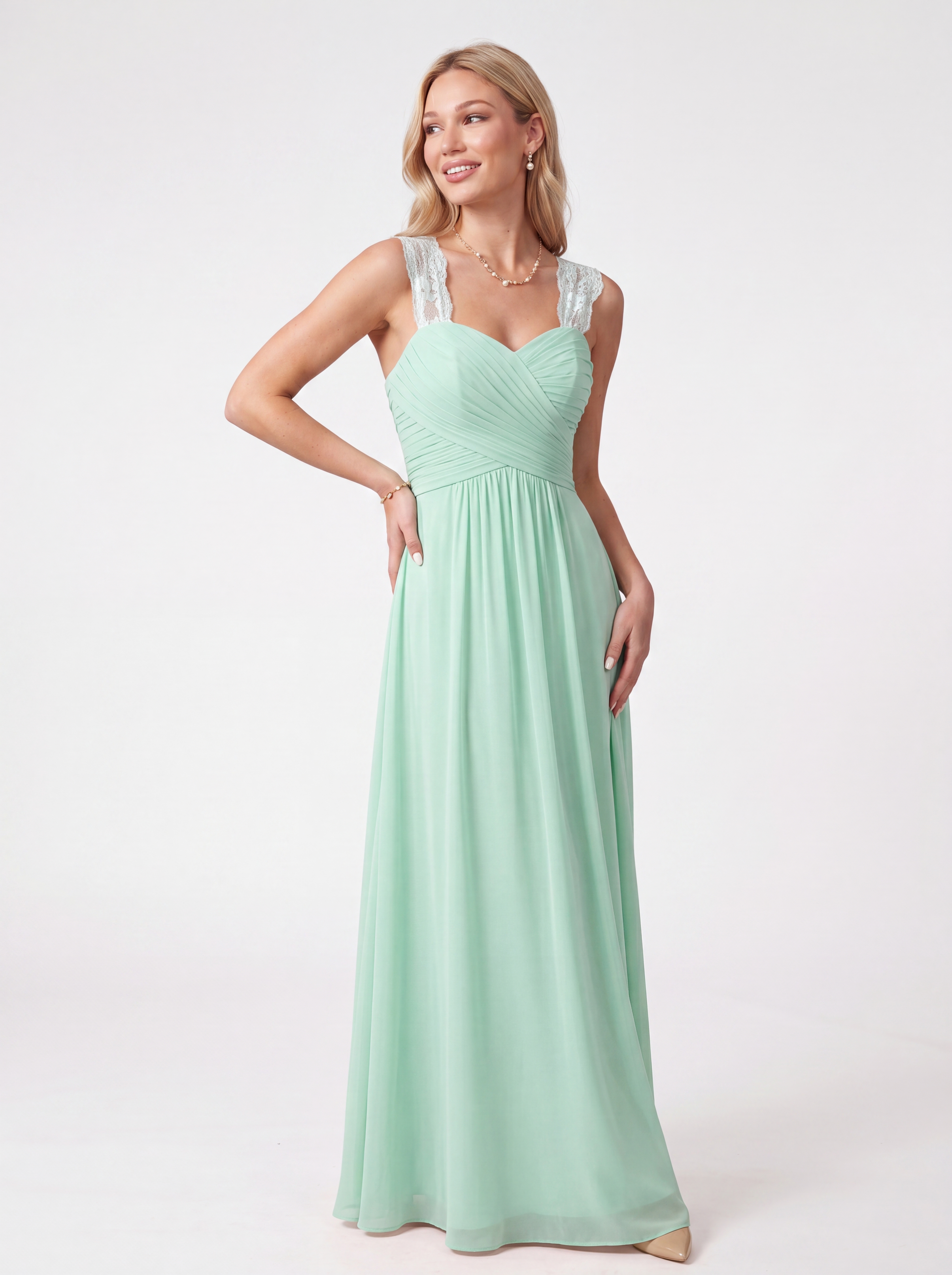 Flowing Chiffon Bridesmaid Dress - Lace Strap Ruched Sweetheart Maxi Gown with Empire Waist