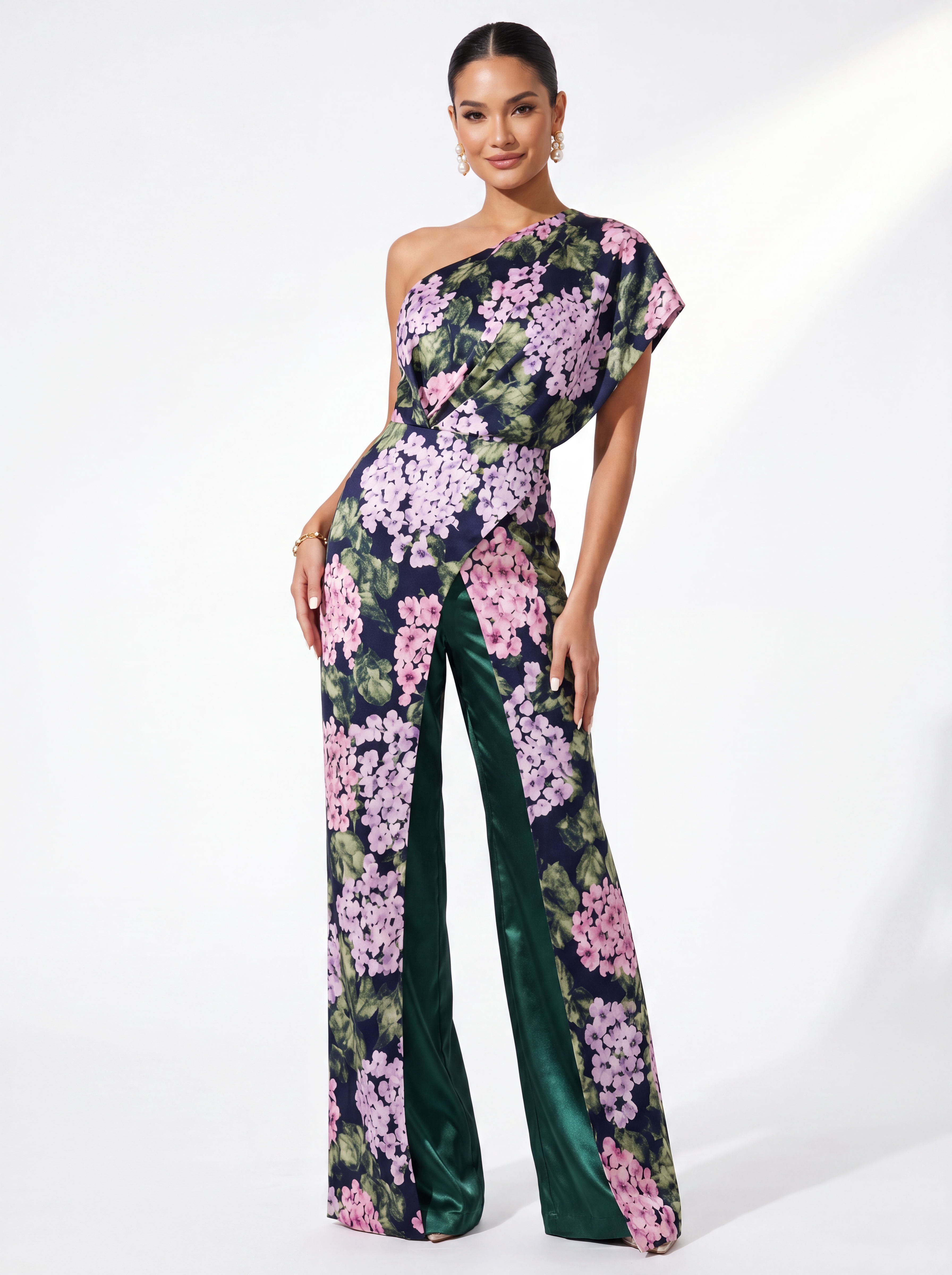 Emerald Green Floral One-Shoulder Formal Pantsuit - Mother of the Bride Jumpsuit with Overskirt & Pockets
