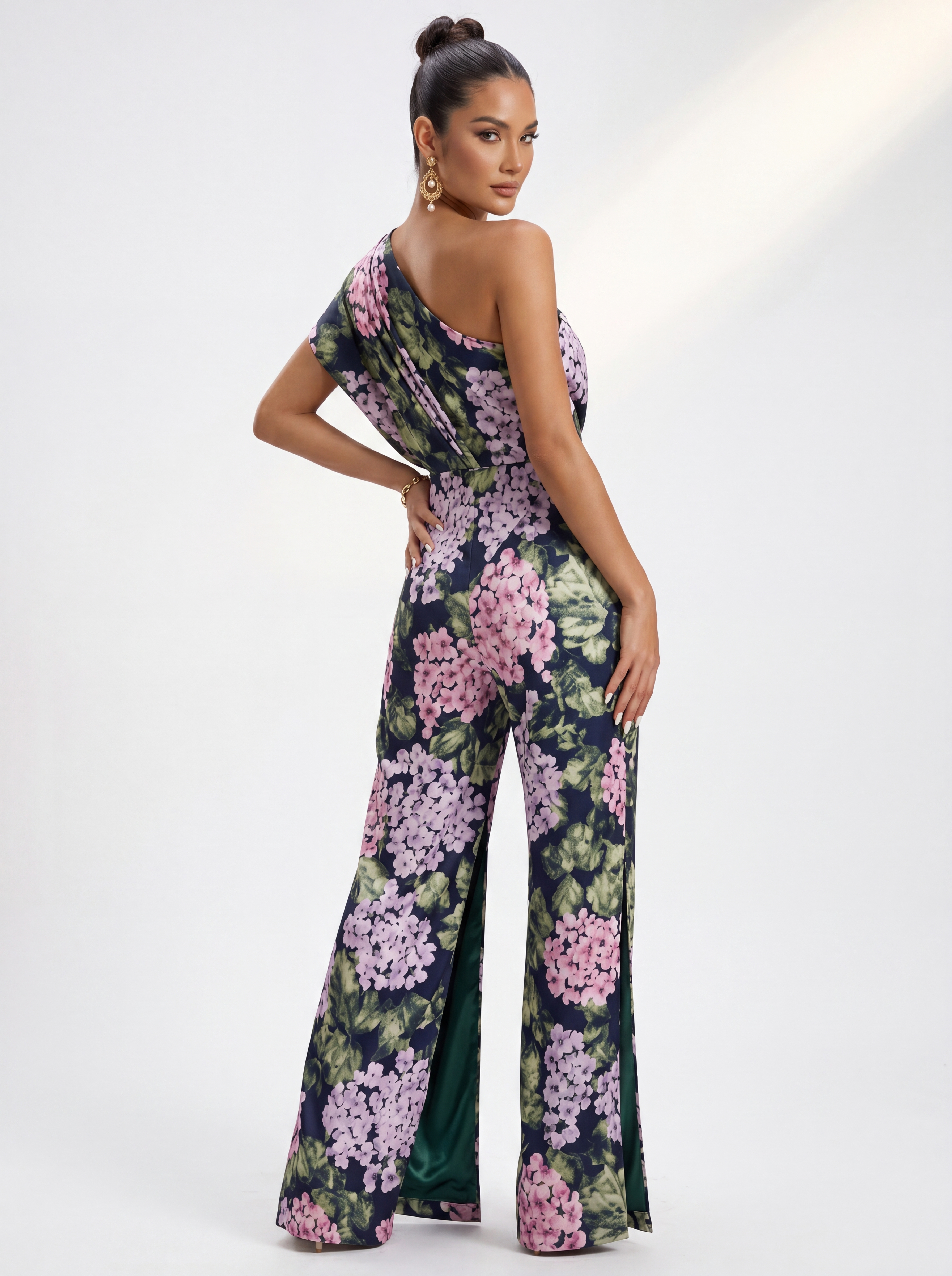 Emerald Green Floral One-Shoulder Formal Pantsuit - Mother of the Bride Jumpsuit with Overskirt & Pockets
