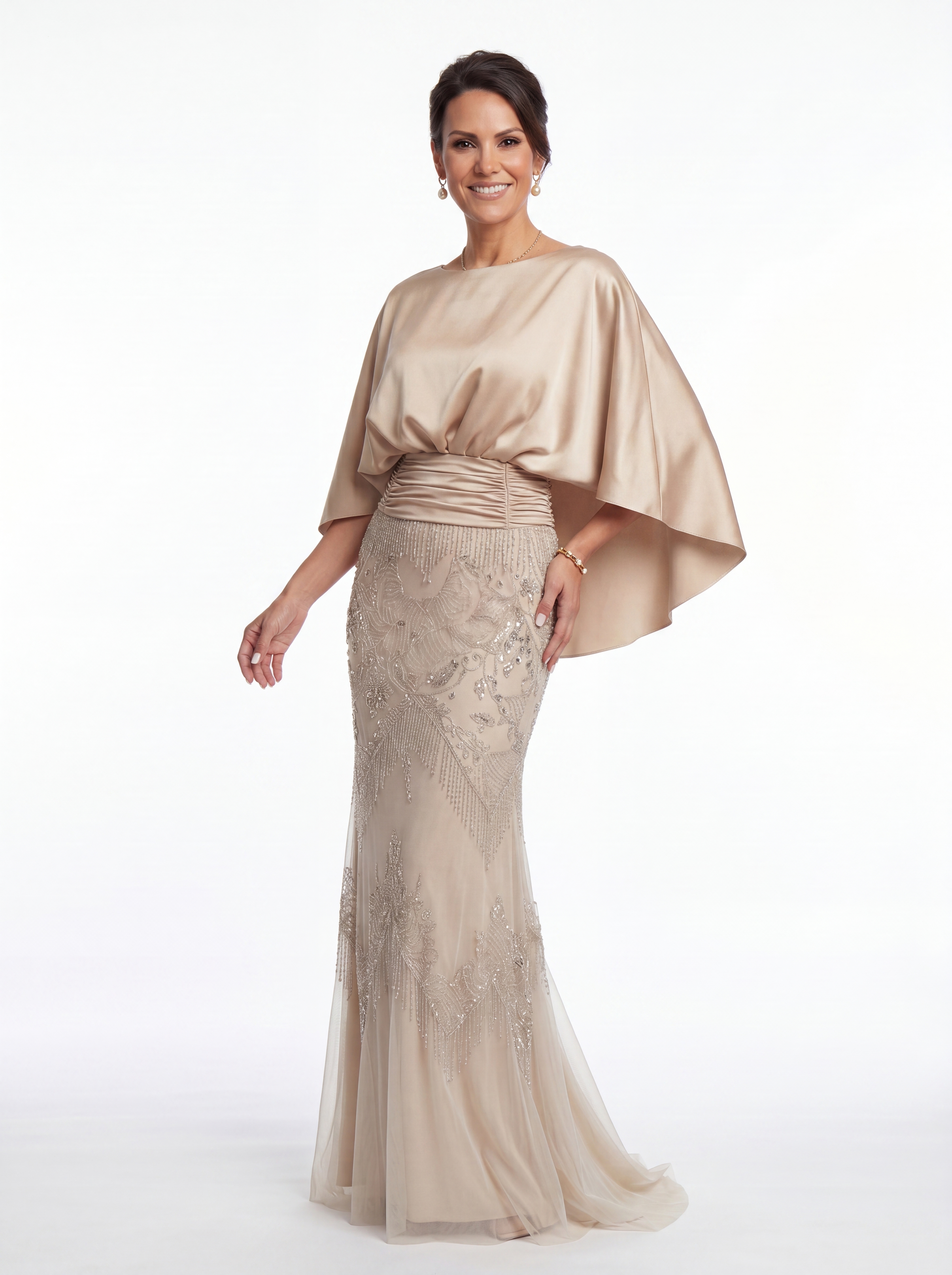 Champagne Art Deco Beaded Evening Gown - Satin Batwing Grandmother of the Bride Dress with Pockets & Ruched Waist