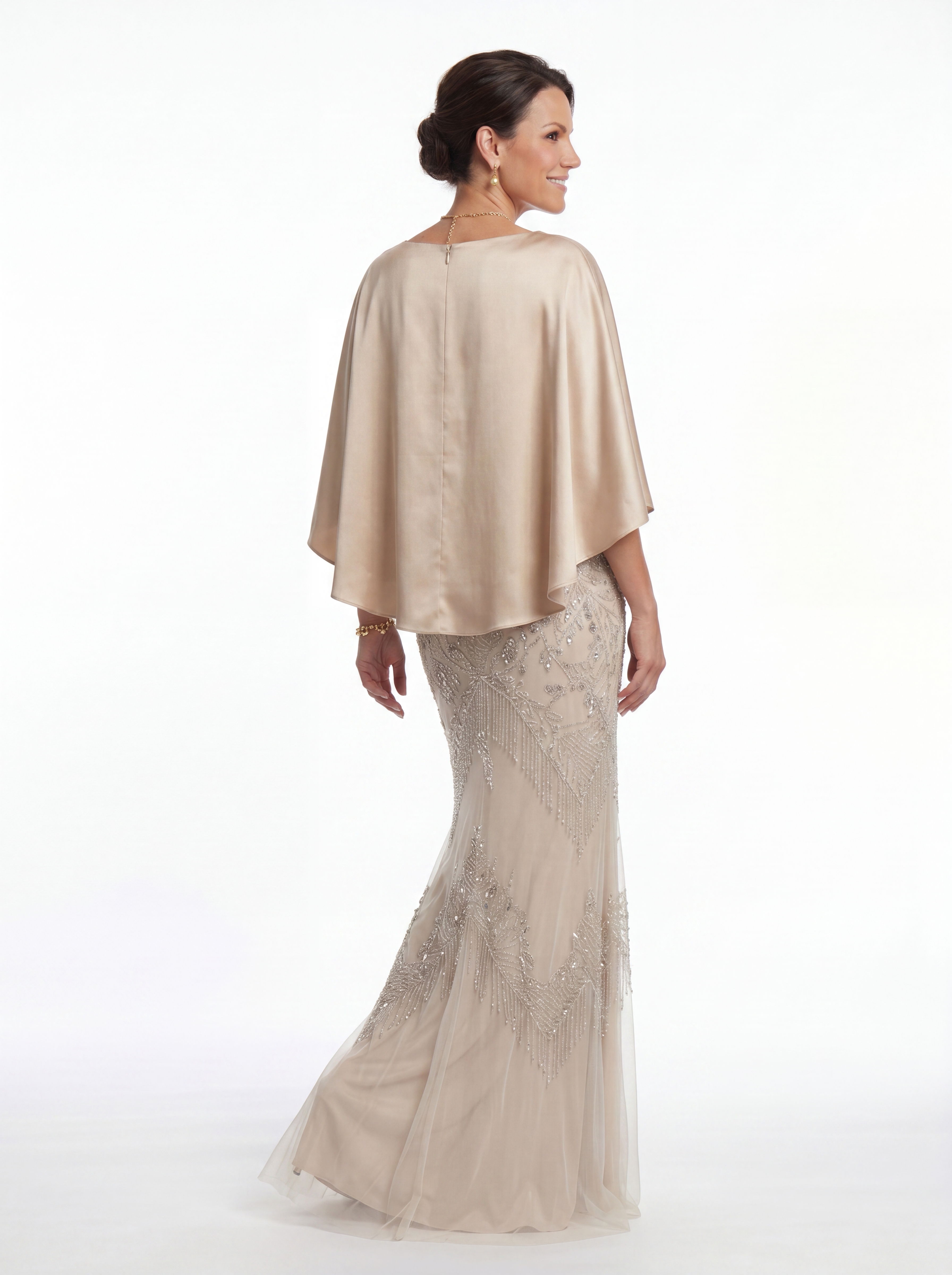 Champagne Art Deco Beaded Evening Gown - Satin Batwing Grandmother of the Bride Dress with Pockets & Ruched Waist