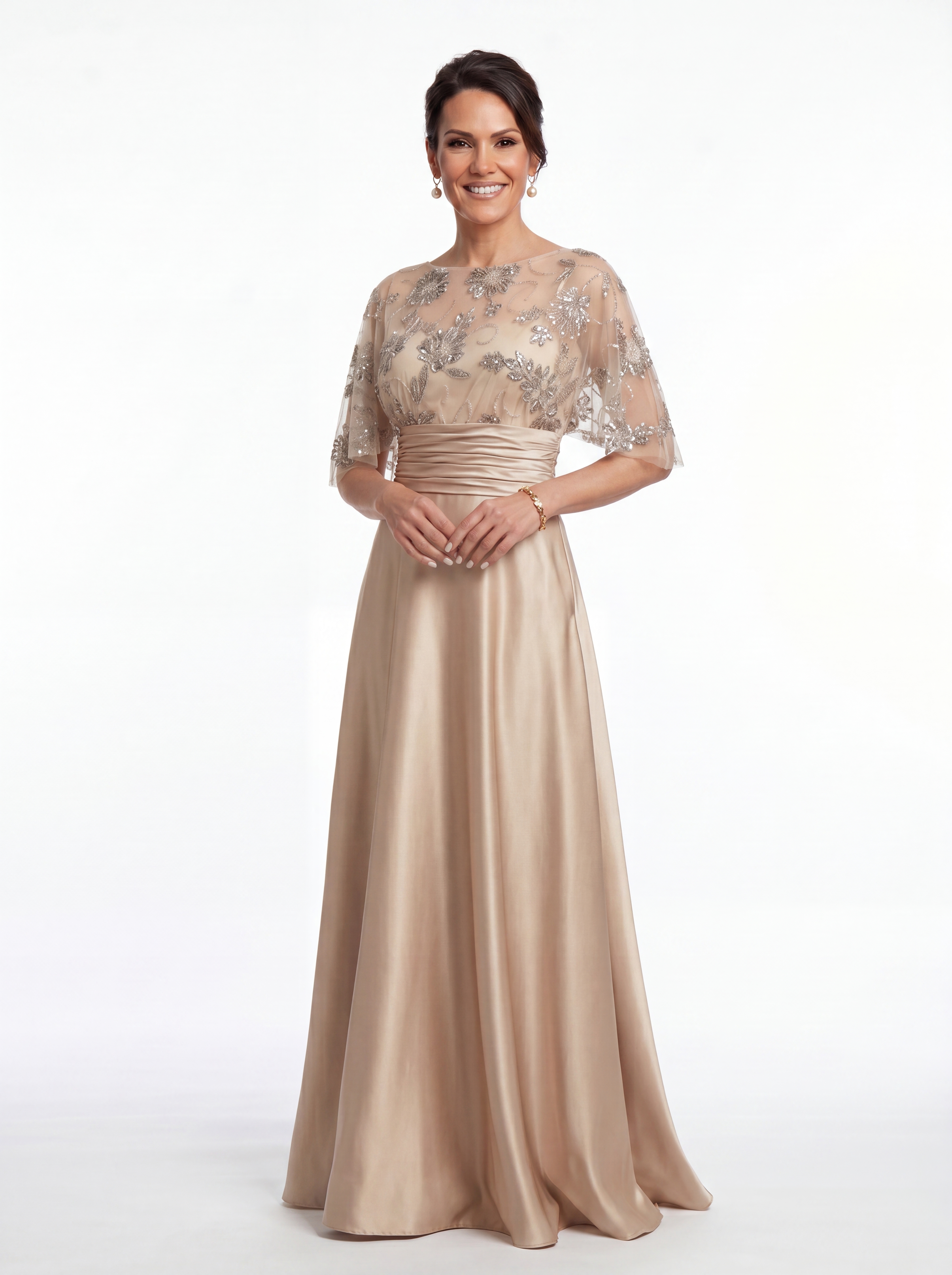 Champagne Floral Beaded Capelet Evening Gown - Ruched Satin A-Line Grandmother of the Bride Dress