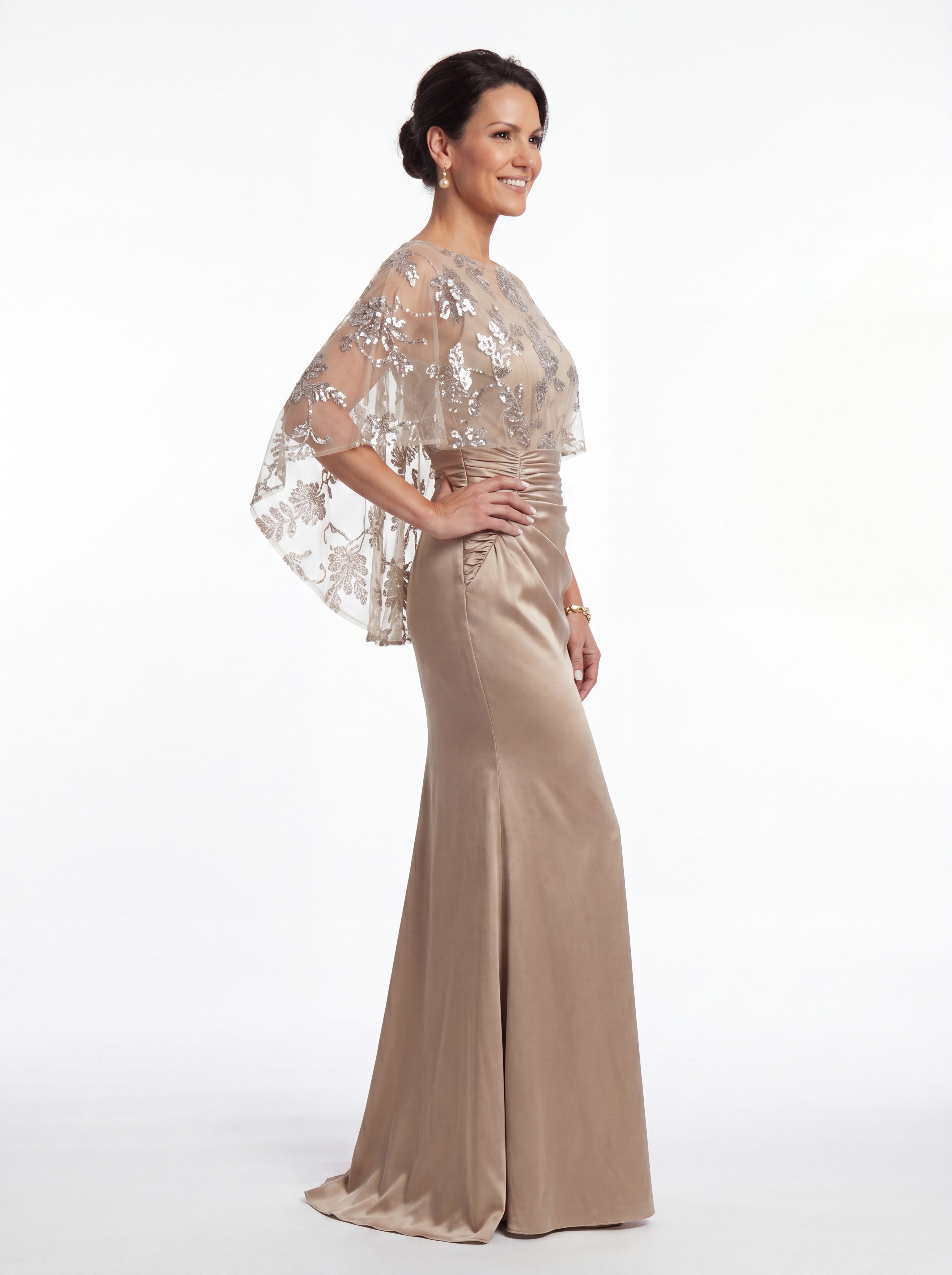 Champagne Floral Beaded Capelet Evening Gown - Ruched Satin Grandmother of the Bride Dress with Tummy Control