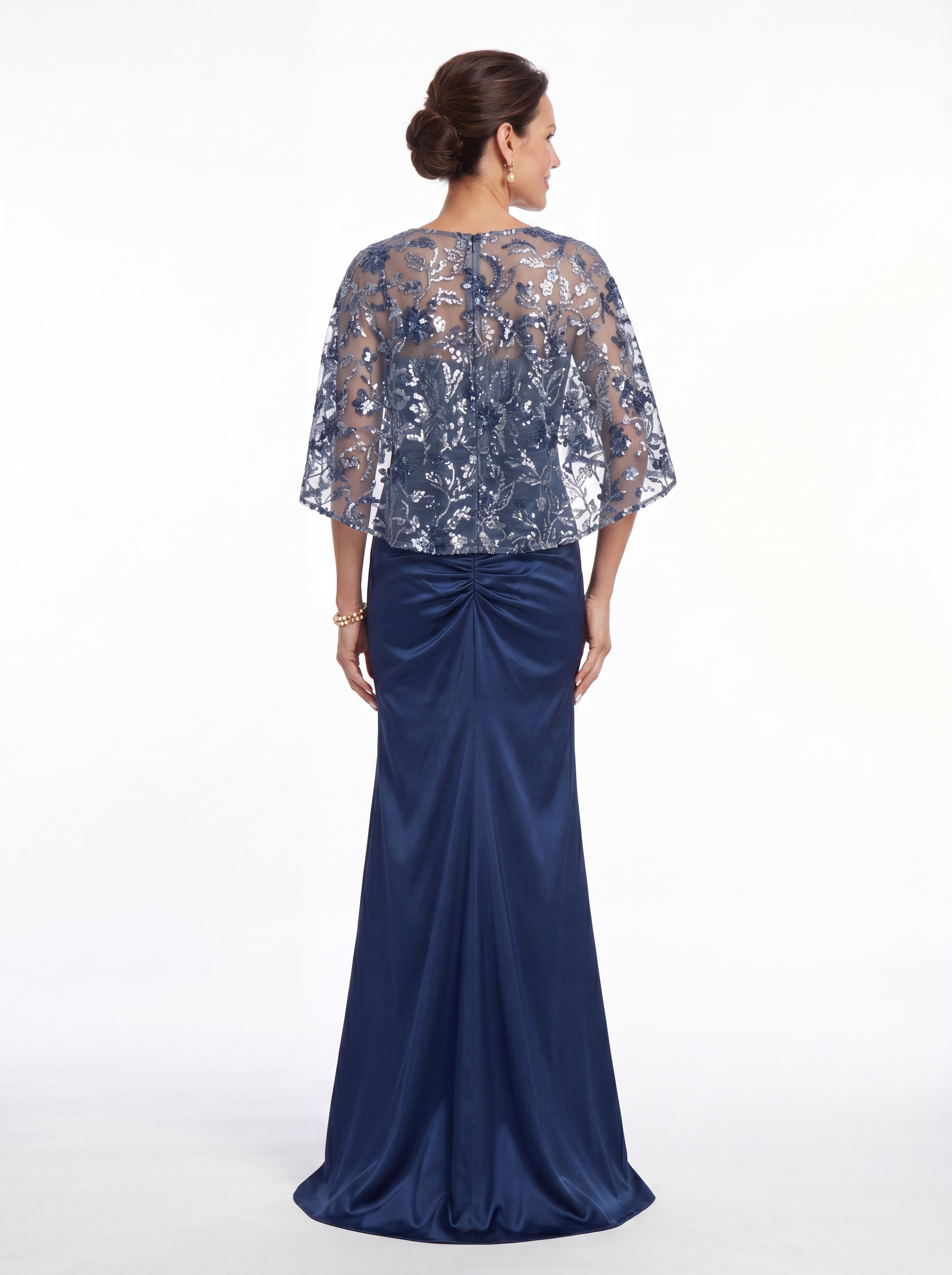 Navy Blue Sequin Capelet Evening Gown - Ruched Satin Mermaid Grandmother of the Bride Dress