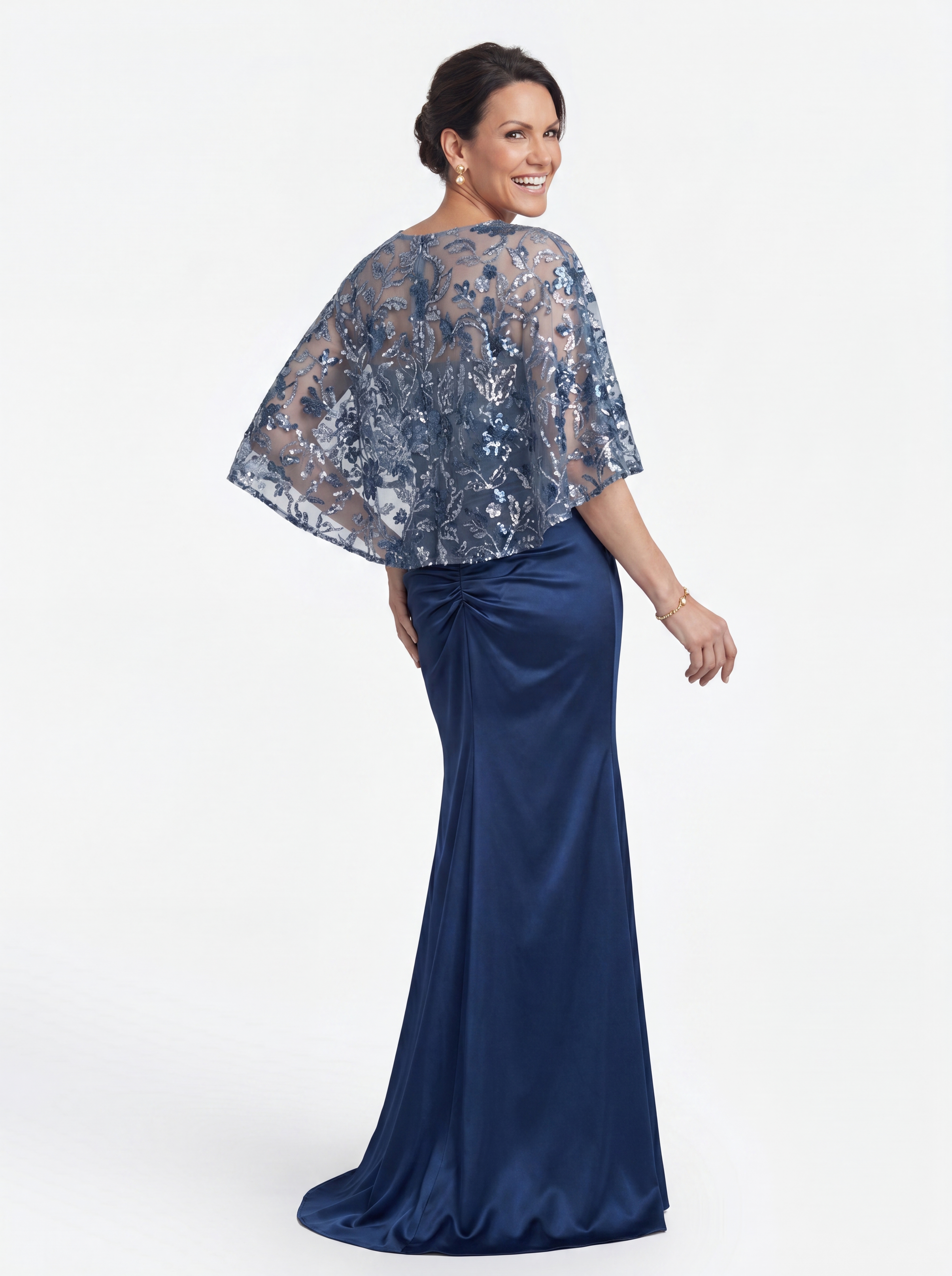 Navy Blue Sequin Capelet Evening Gown - Ruched Satin Mermaid Grandmother of the Bride Dress