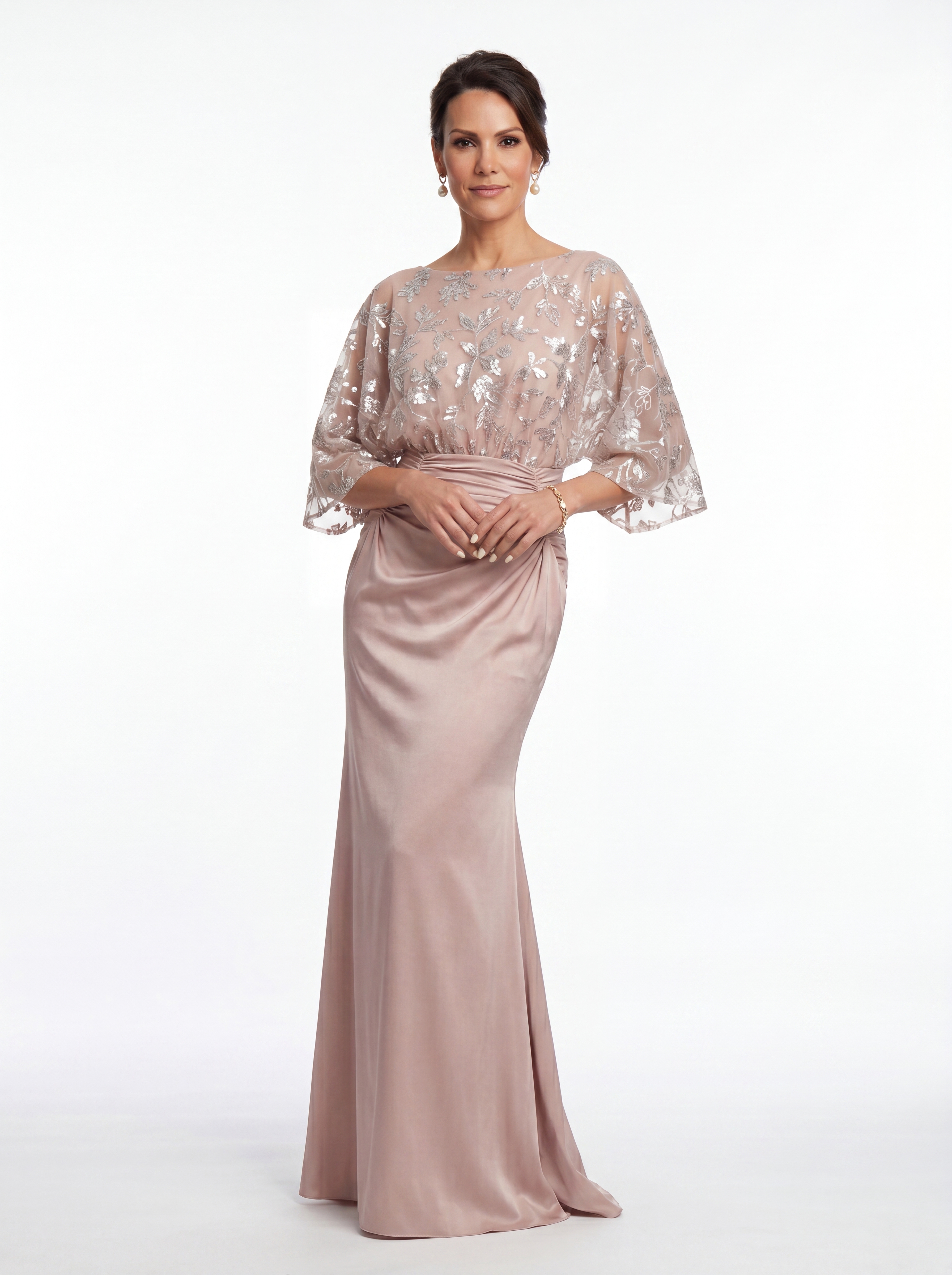 Blush Pink Floral Sequin Evening Gown - Batwing Sleeve Ruched Satin Mother of the Bride Dress