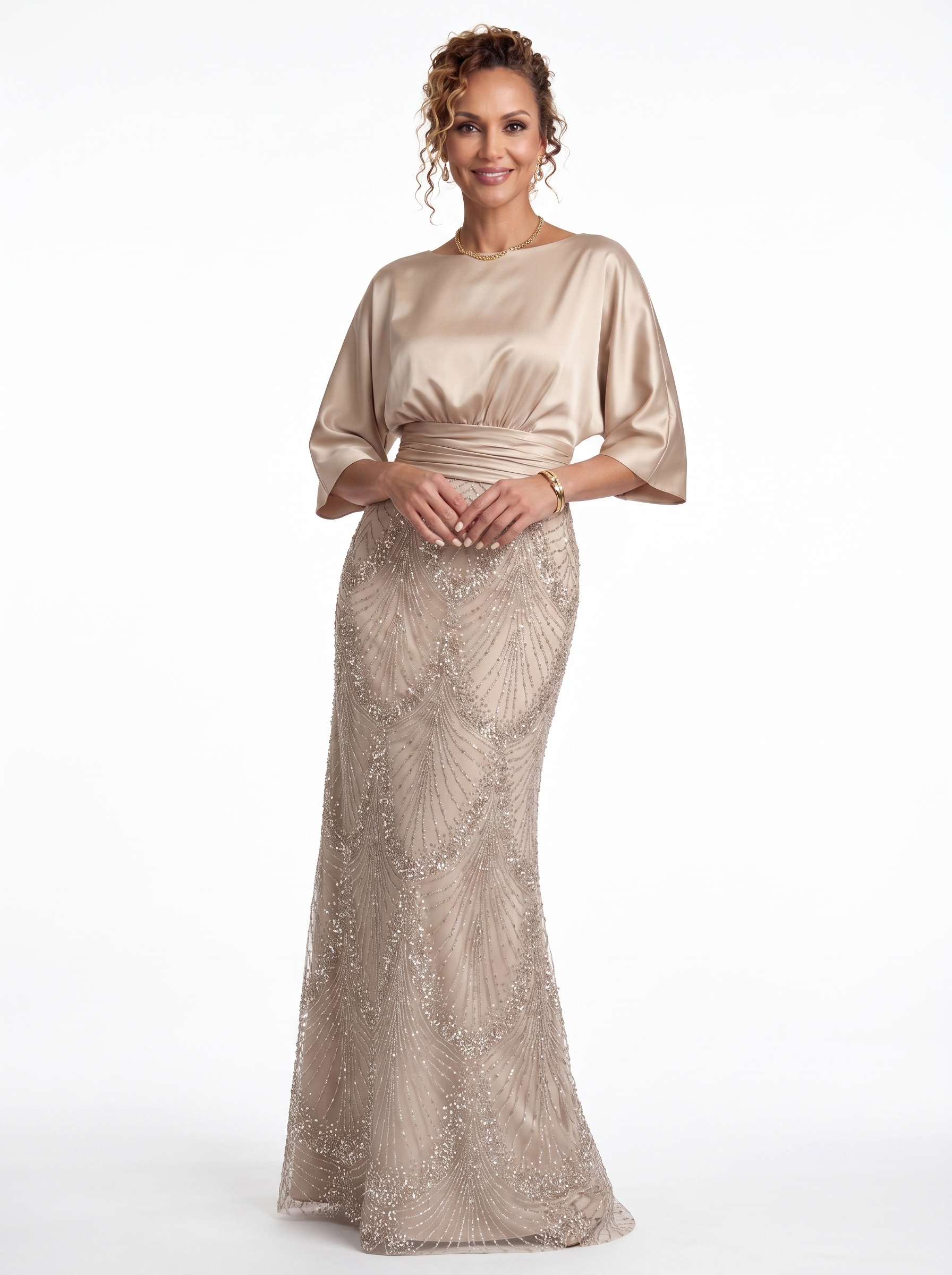 Champagne Art Deco Beaded A-Line Gown - Satin Batwing Grandmother of the Bride Dress with Ruched Waist