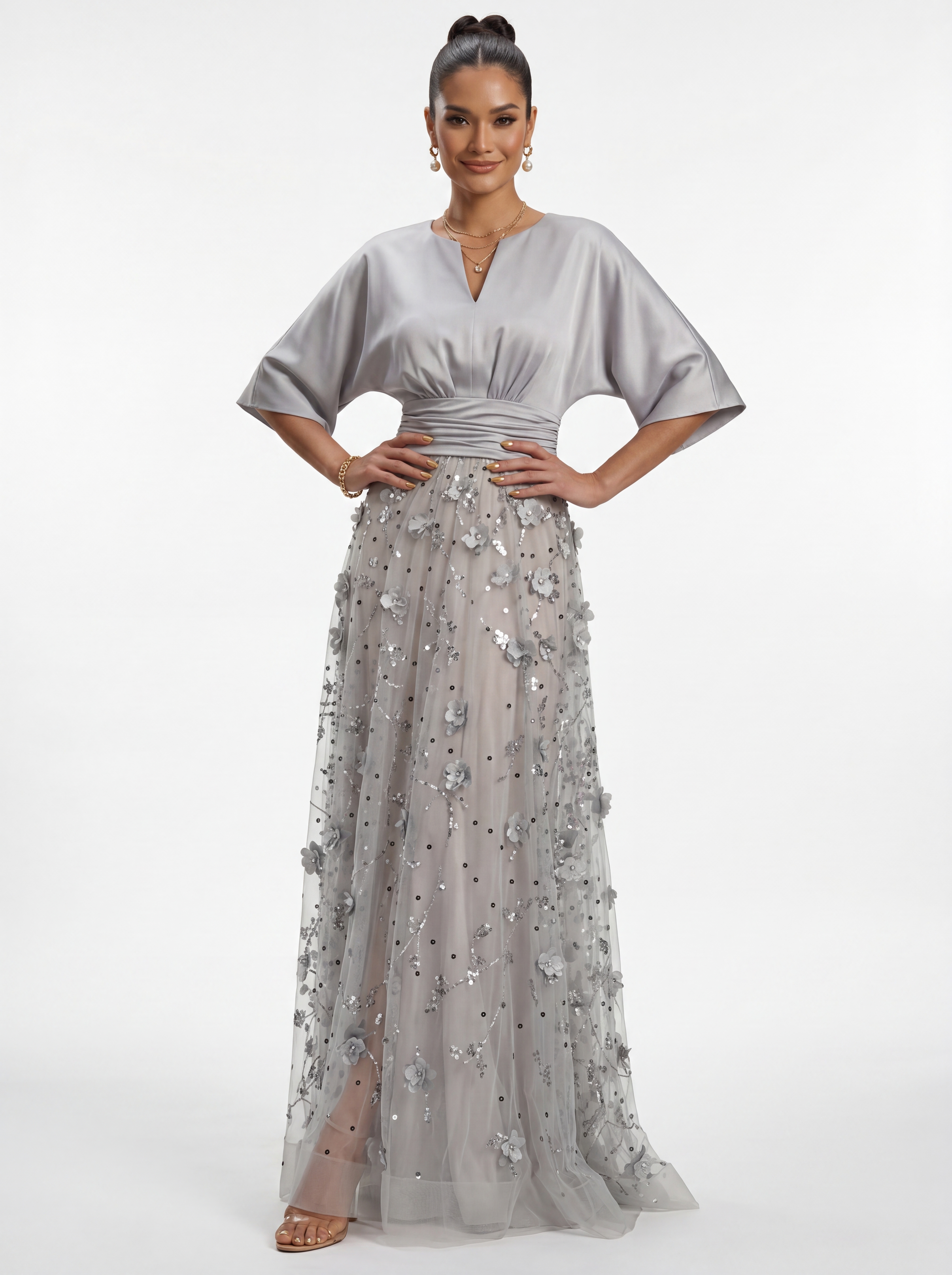 Silver 3D Floral Sequin A-Line Evening Gown - Satin Batwing Sleeve Grandmother of the Bride Dress with Ruched Waist