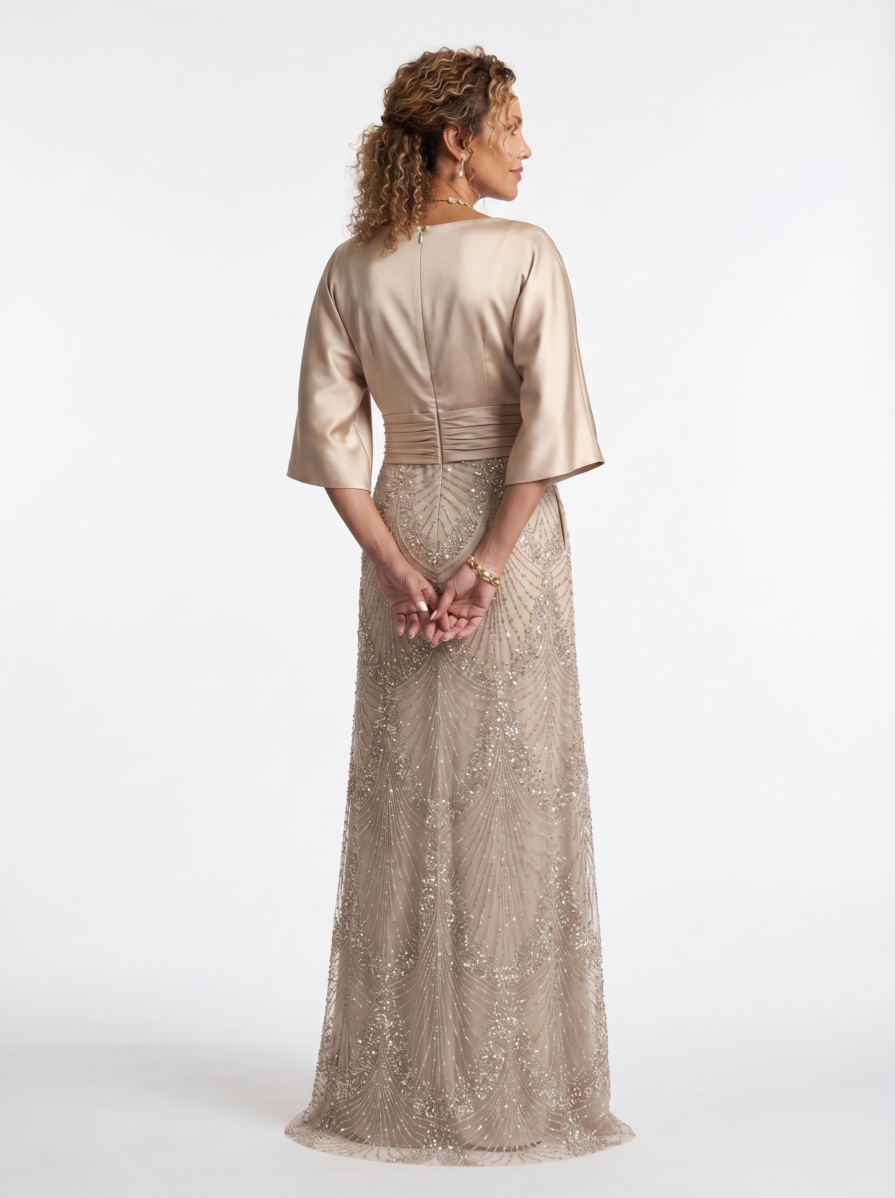 Champagne Art Deco Beaded A-Line Gown - Satin Batwing Grandmother of the Bride Dress with Ruched Waist