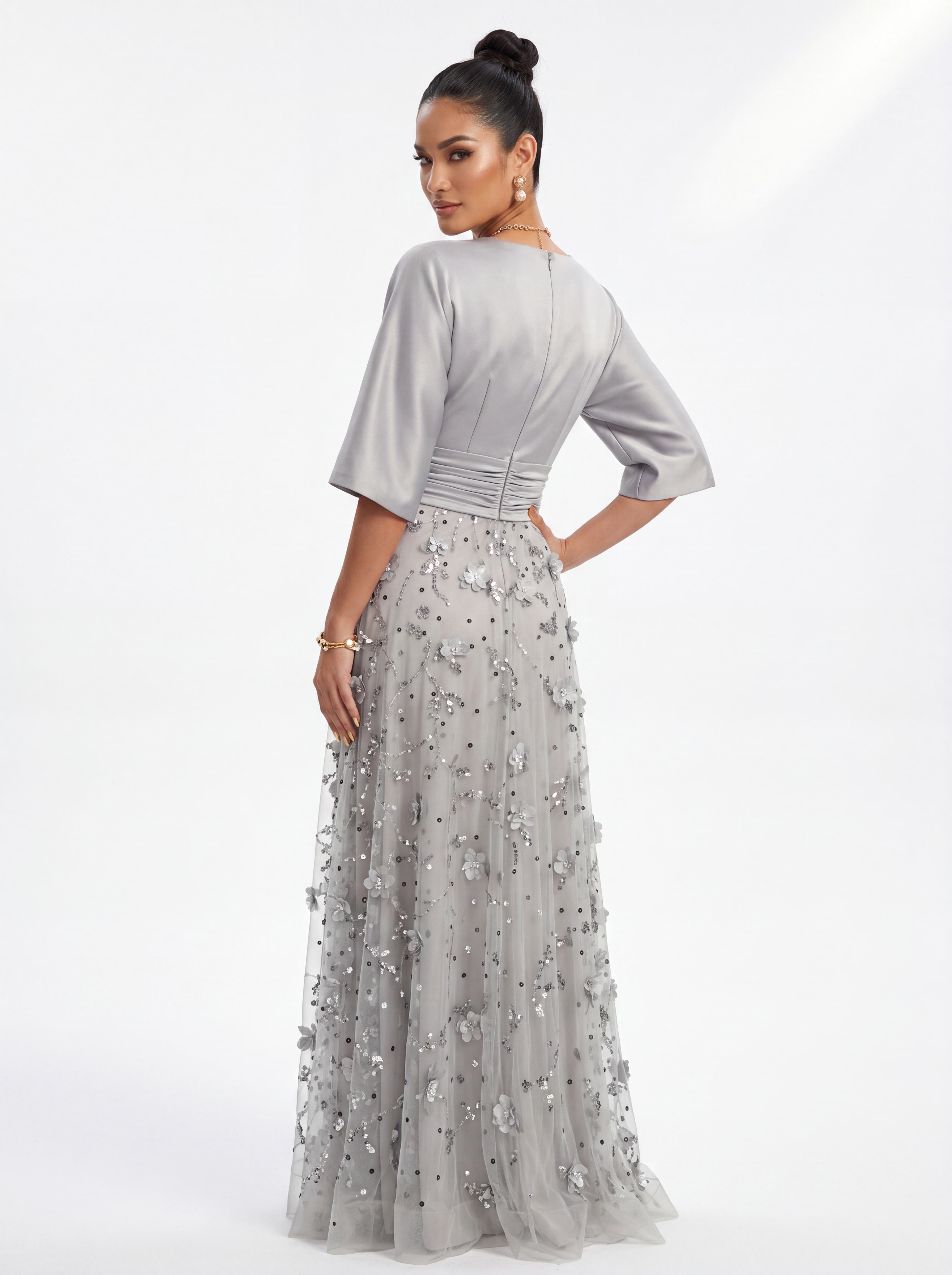 Silver 3D Floral Sequin A-Line Evening Gown - Satin Batwing Sleeve Grandmother of the Bride Dress with Ruched Waist