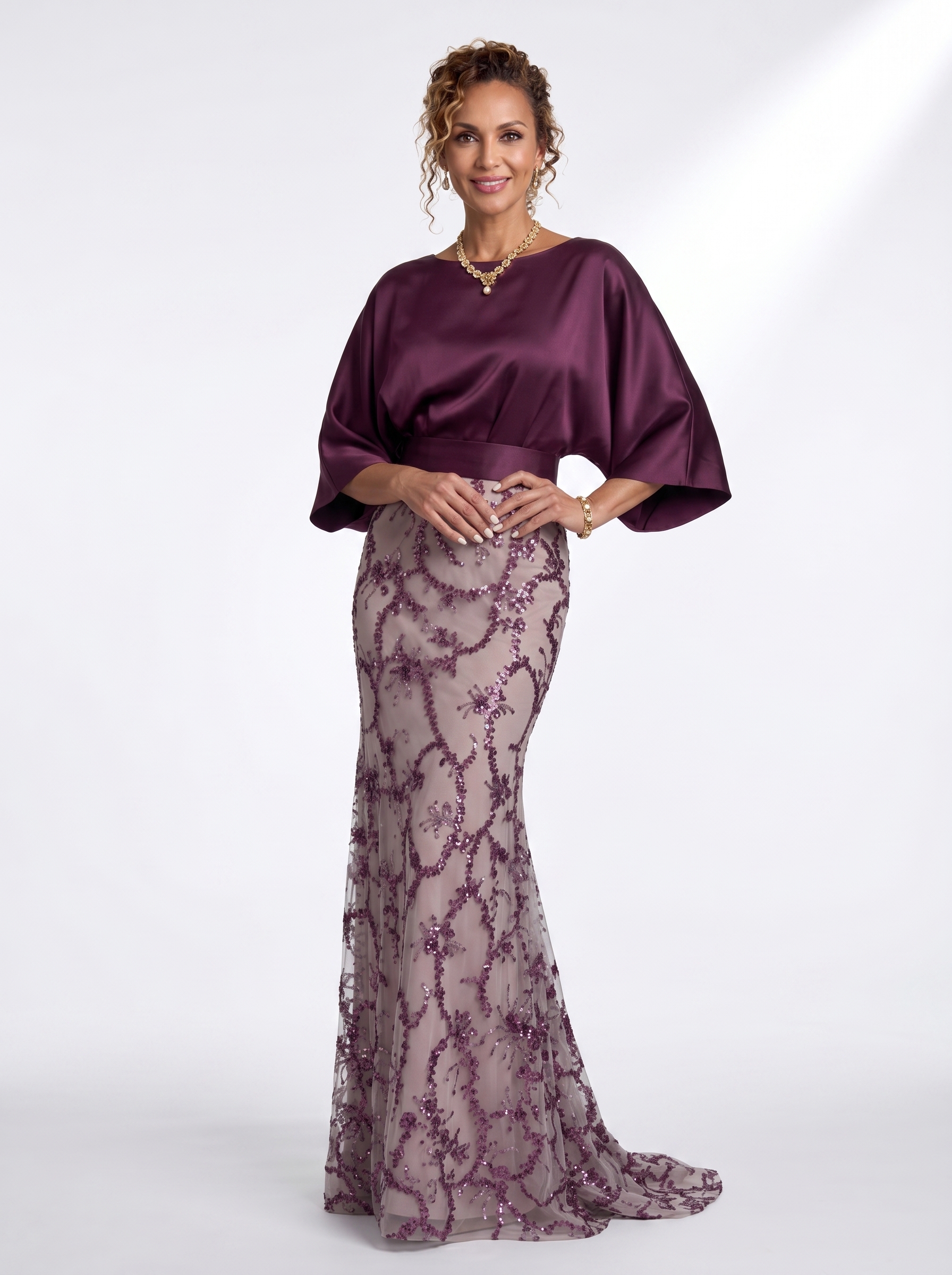 Dark Plum Satin Dolman Evening Gown - Sequin Mermaid Grandmother of the Bride Dress with Wide Waistband