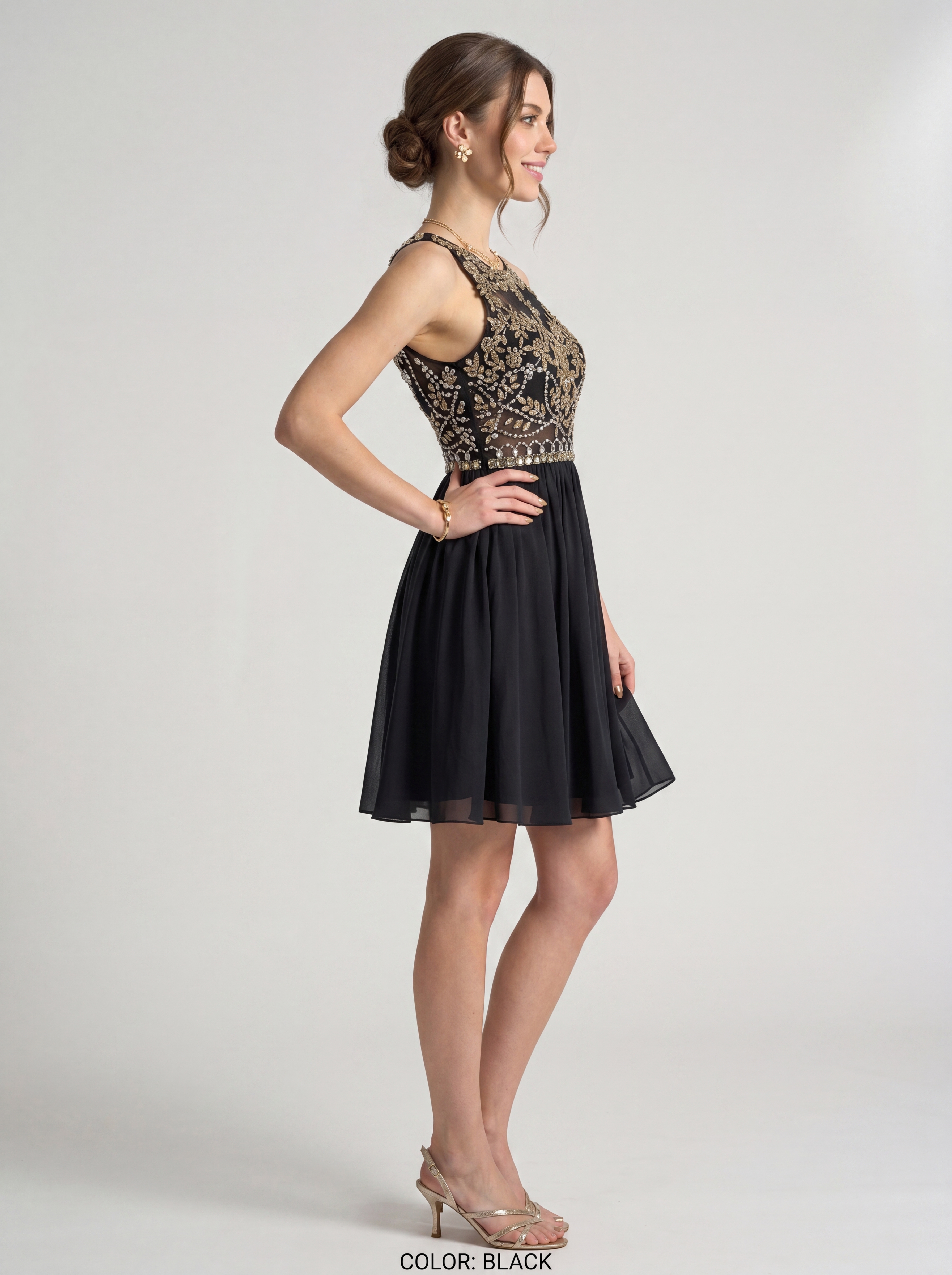 Short Beaded Homecoming Dress - Illusion Sleeveless Embellished A-Line Chiffon Cocktail Party Gown for Graduation & Prom