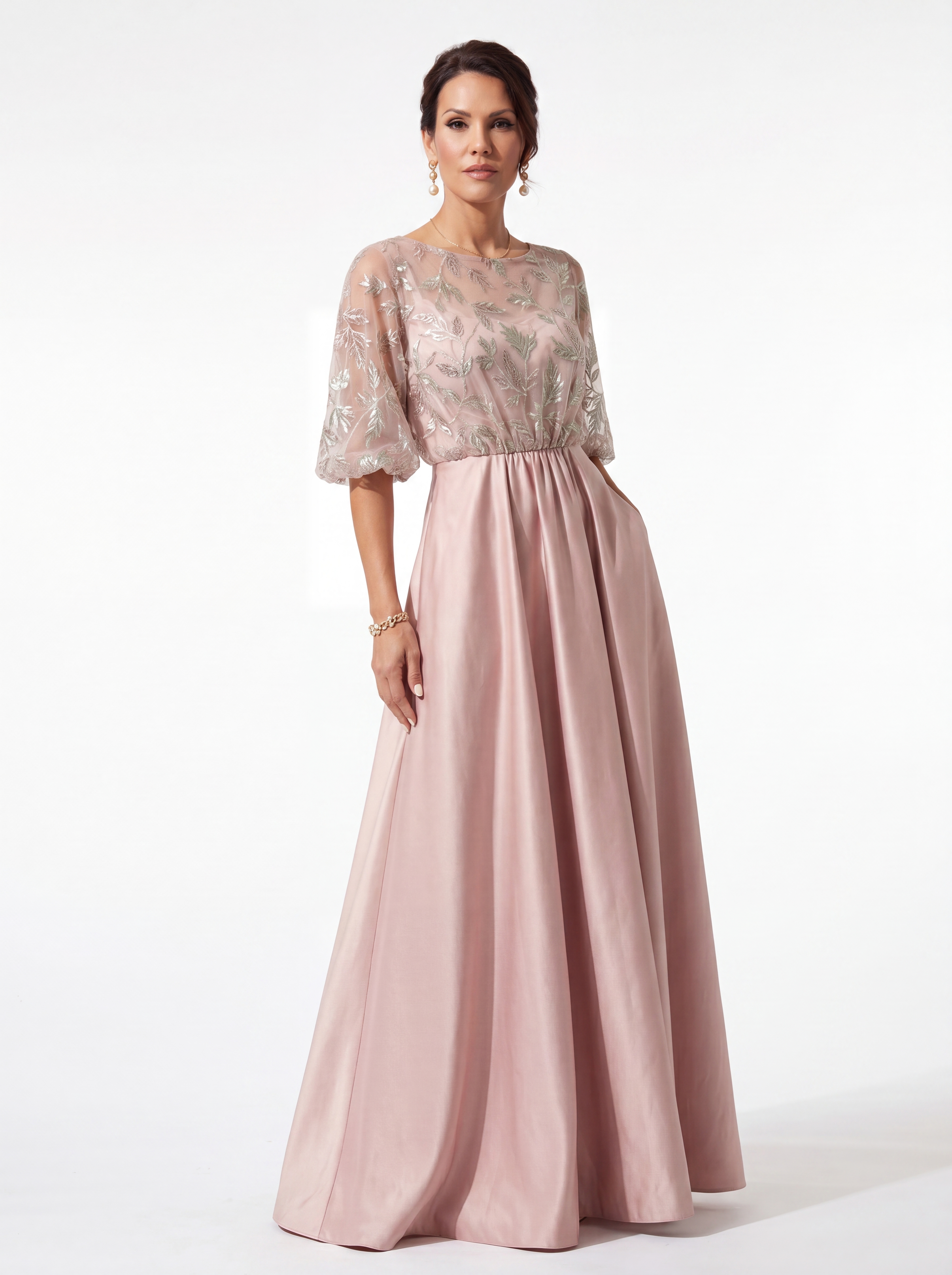 Blush Pink Floral Sequin A-Line Evening Gown - Batwing Sleeve Grandmother of the Bride Dress with Pockets