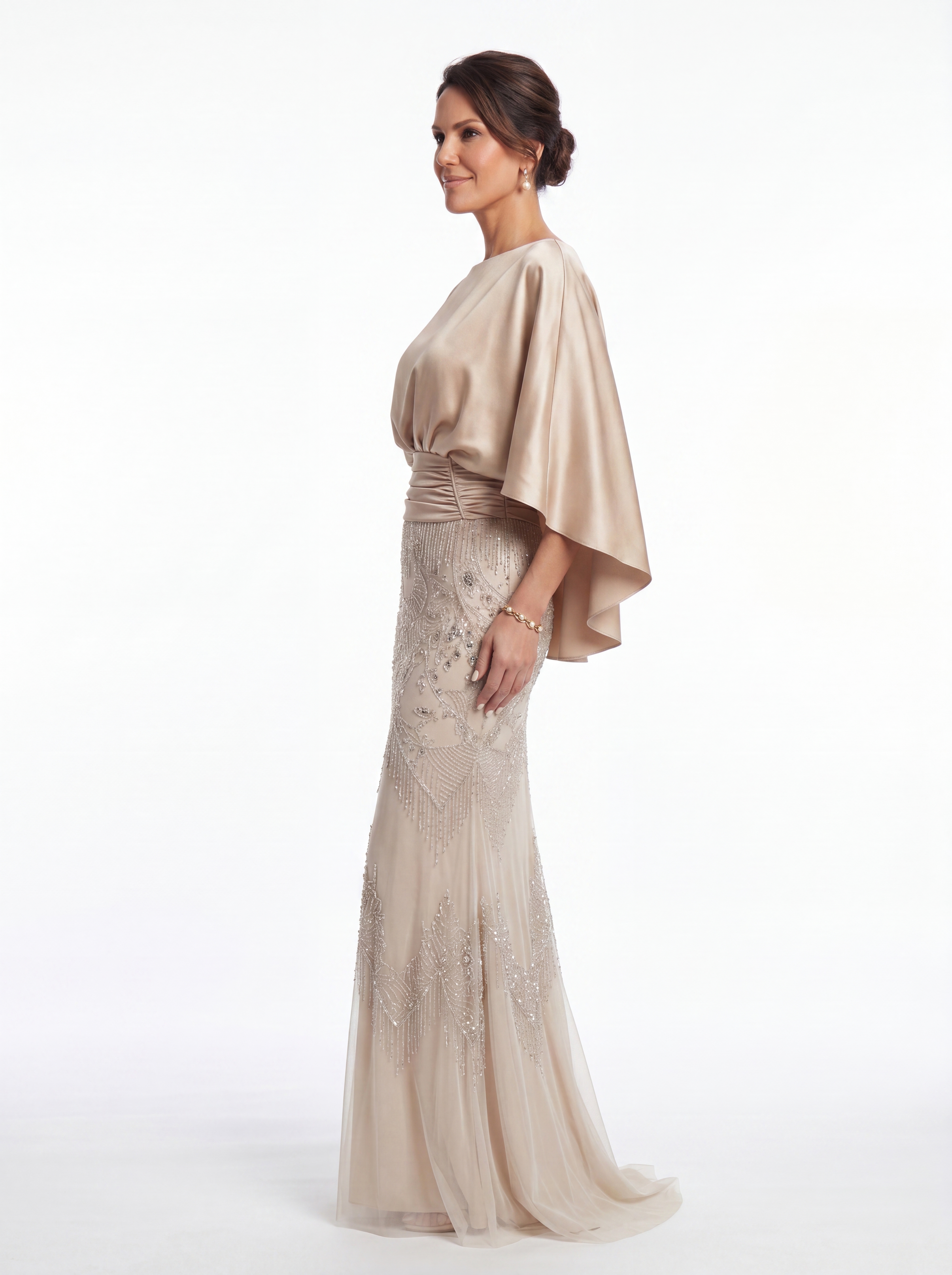 Champagne Art Deco Beaded Evening Gown - Satin Batwing Grandmother of the Bride Dress with Pockets & Ruched Waist