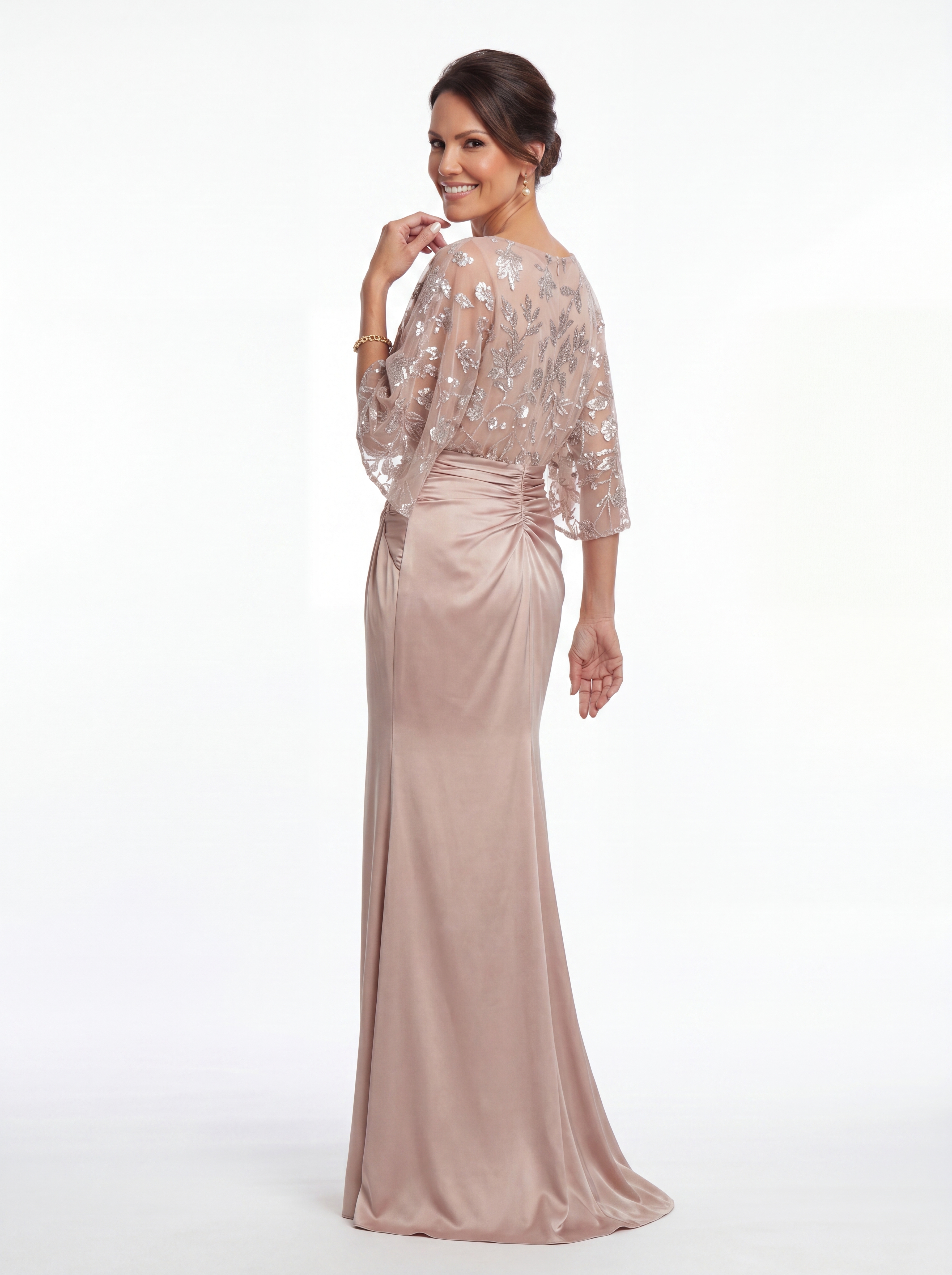 Blush Pink Floral Sequin Evening Gown - Batwing Sleeve Ruched Satin Mother of the Bride Dress