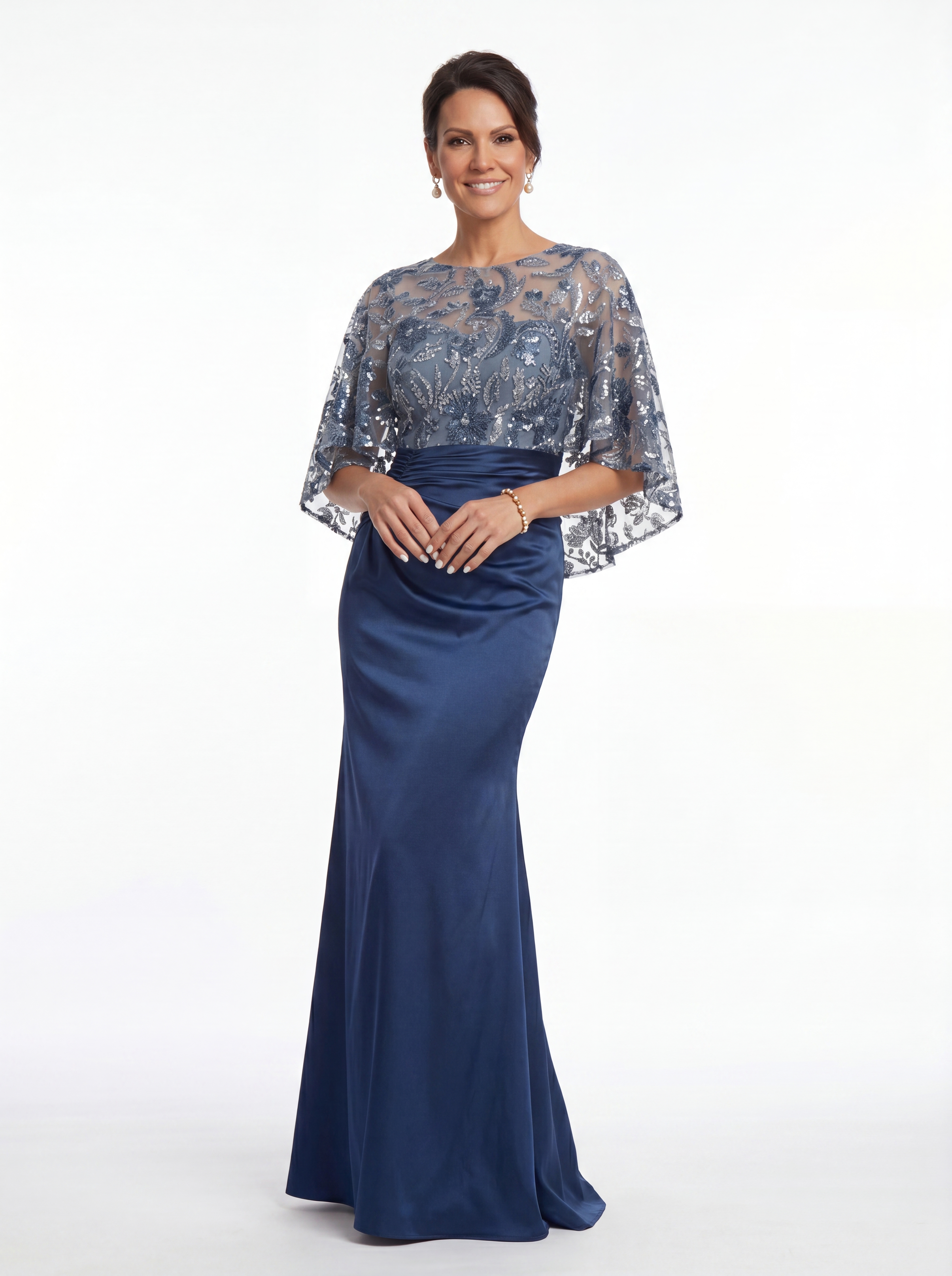 Navy Blue Sequin Capelet Evening Gown - Ruched Satin Mermaid Grandmother of the Bride Dress