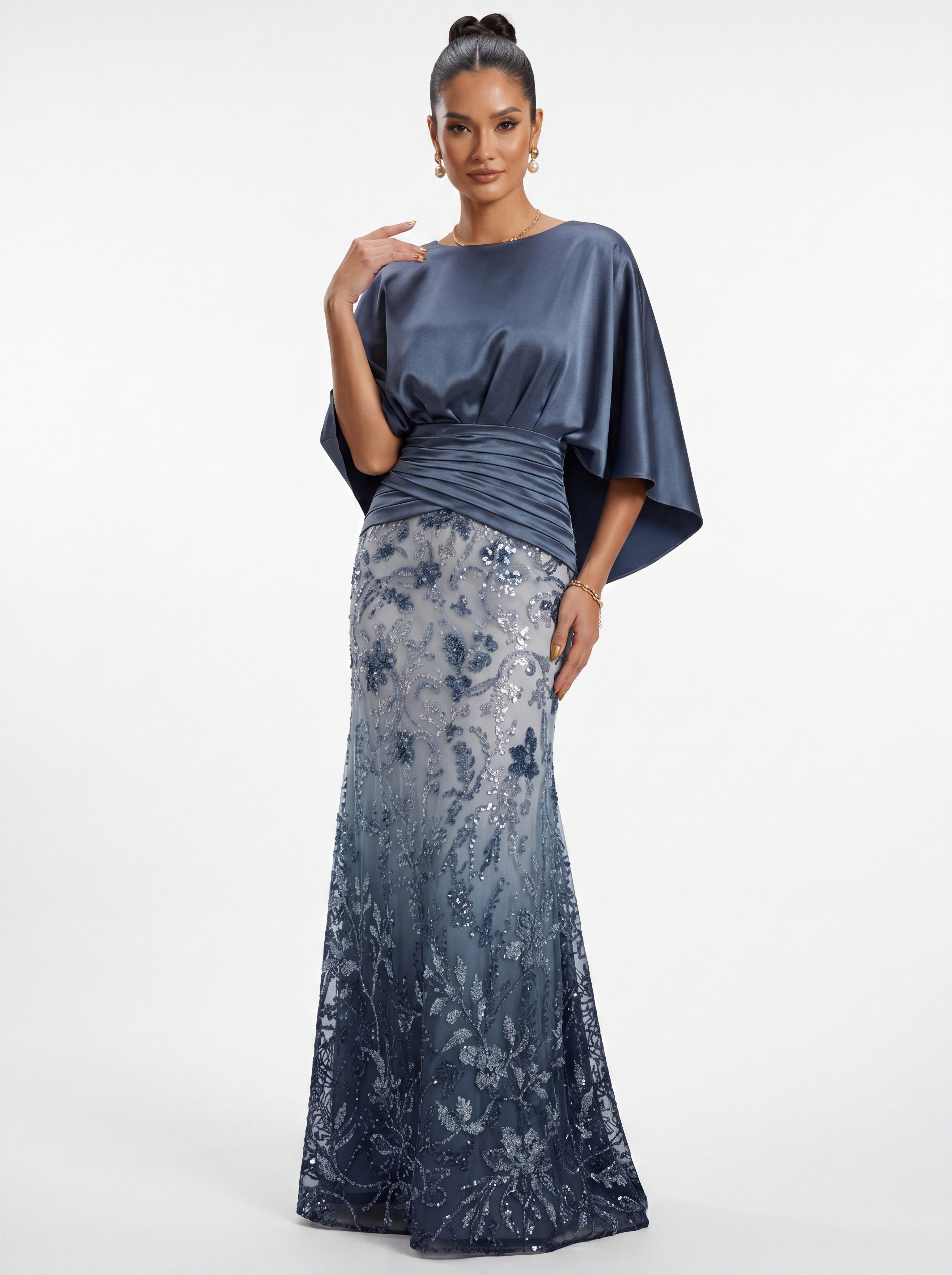 Navy Ombré Floral Sequin Evening Gown - Satin Batwing Grandmother of the Bride Dress with Ruched Waist