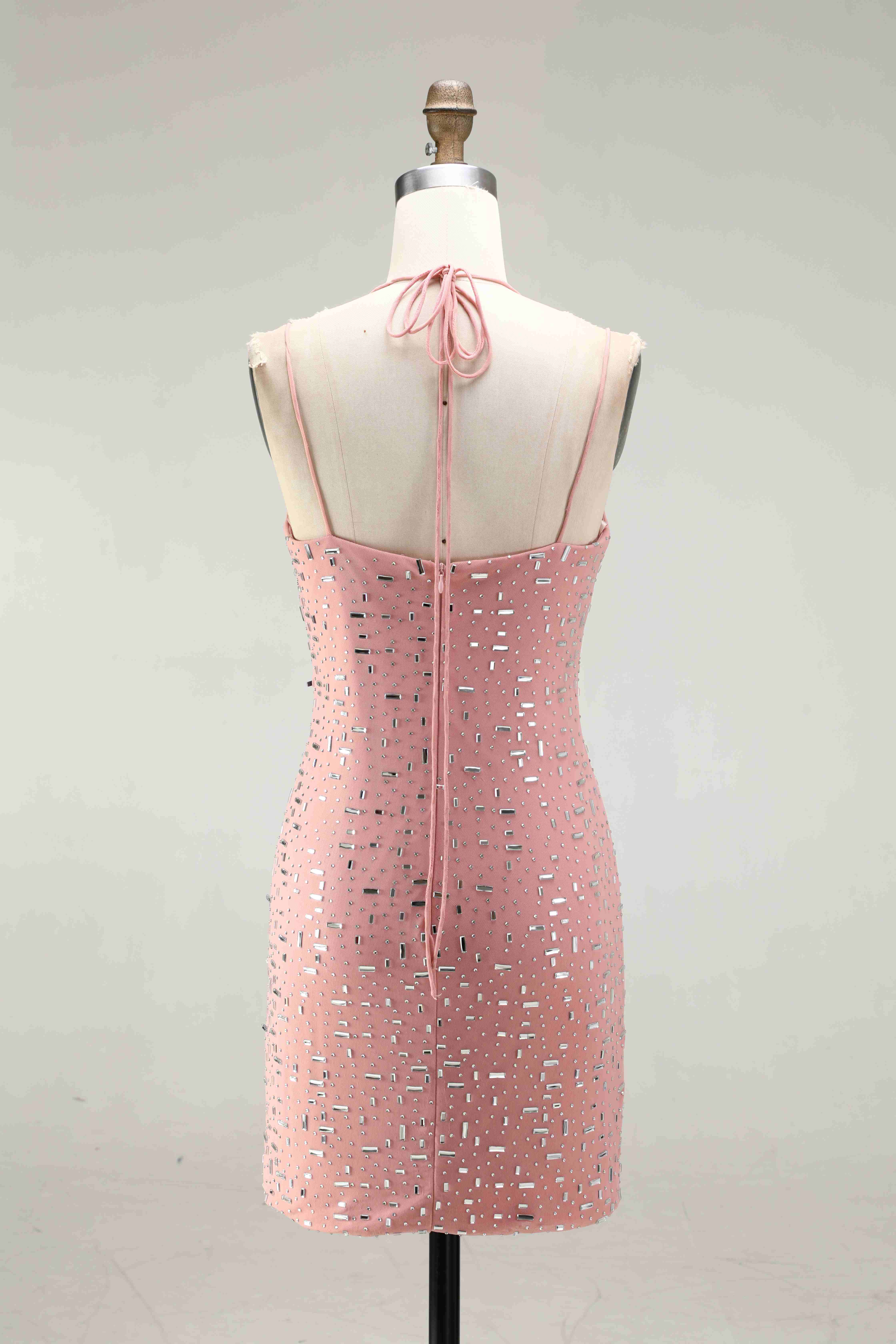 SPU - 608S40LF010 Pink Spaghetti Strap Beaded Bodycon Dress