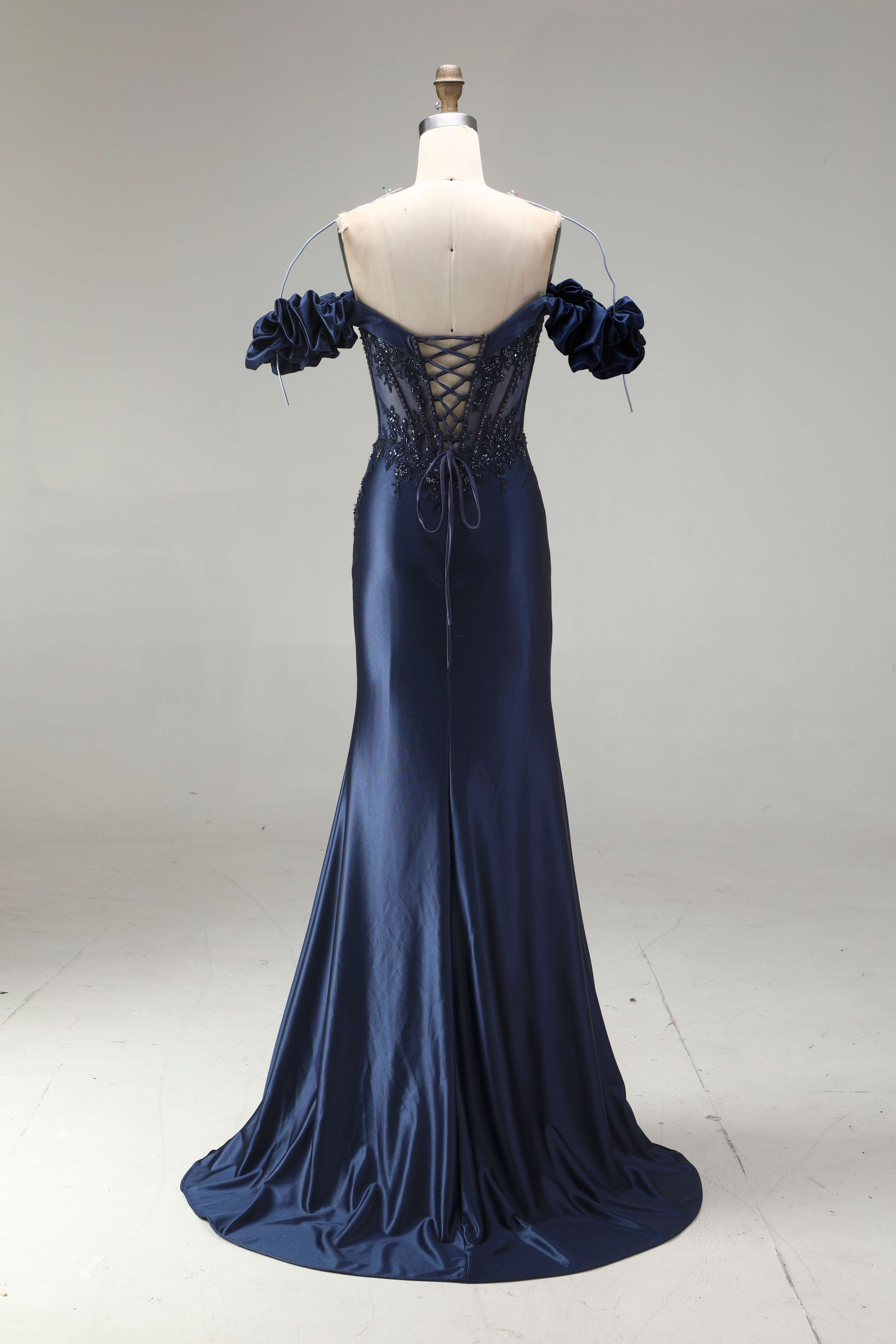 SPU - 608S20LF002 Navy Blue Off‑Shoulder Slit Mermaid Gown
