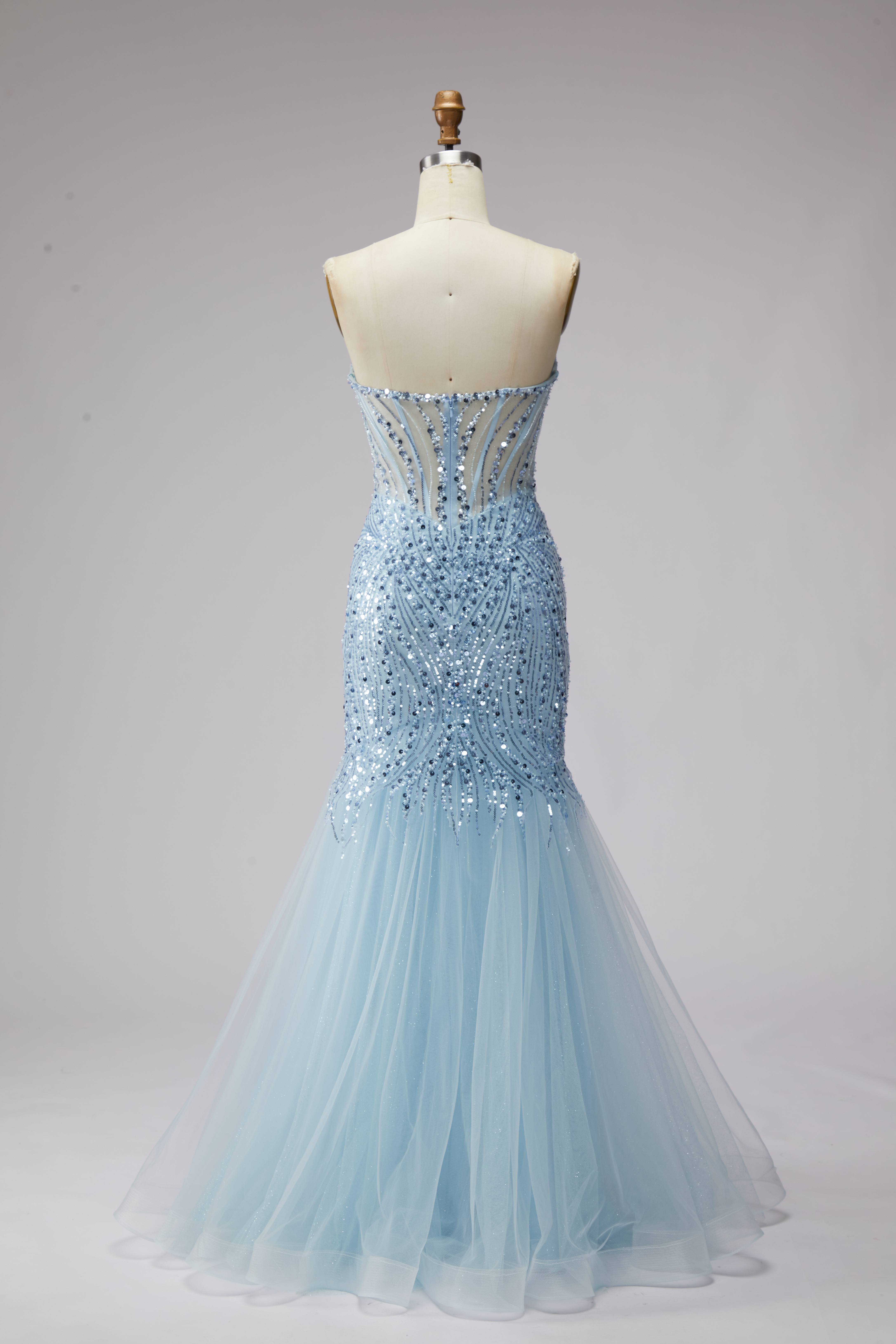 SPU - 608S20LF003 Sky Blue Beaded Sheer Mermaid Evening Gown