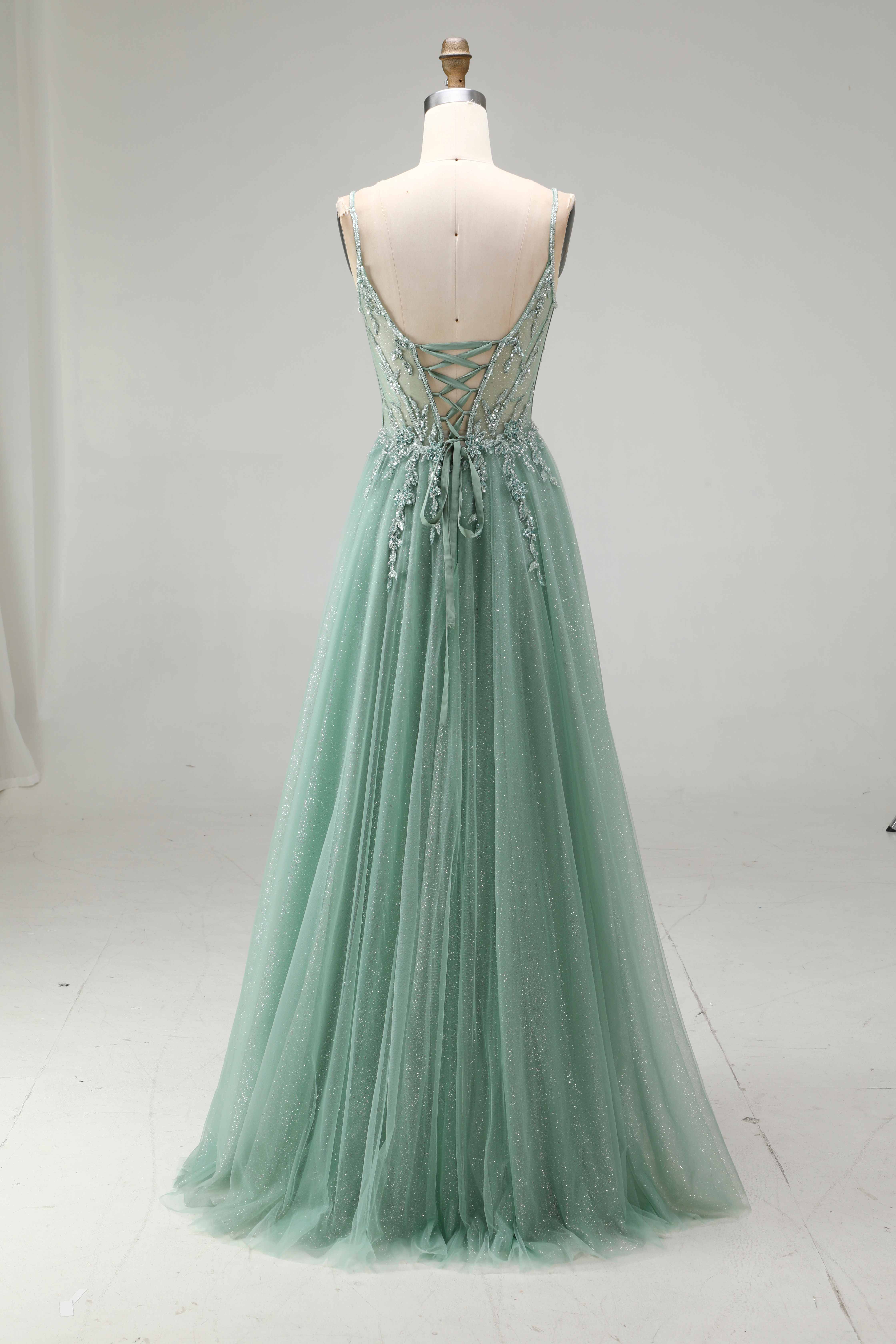 SPU - 608S20LF004 Sage Green Lace A‑Line Tulle Prom Dress