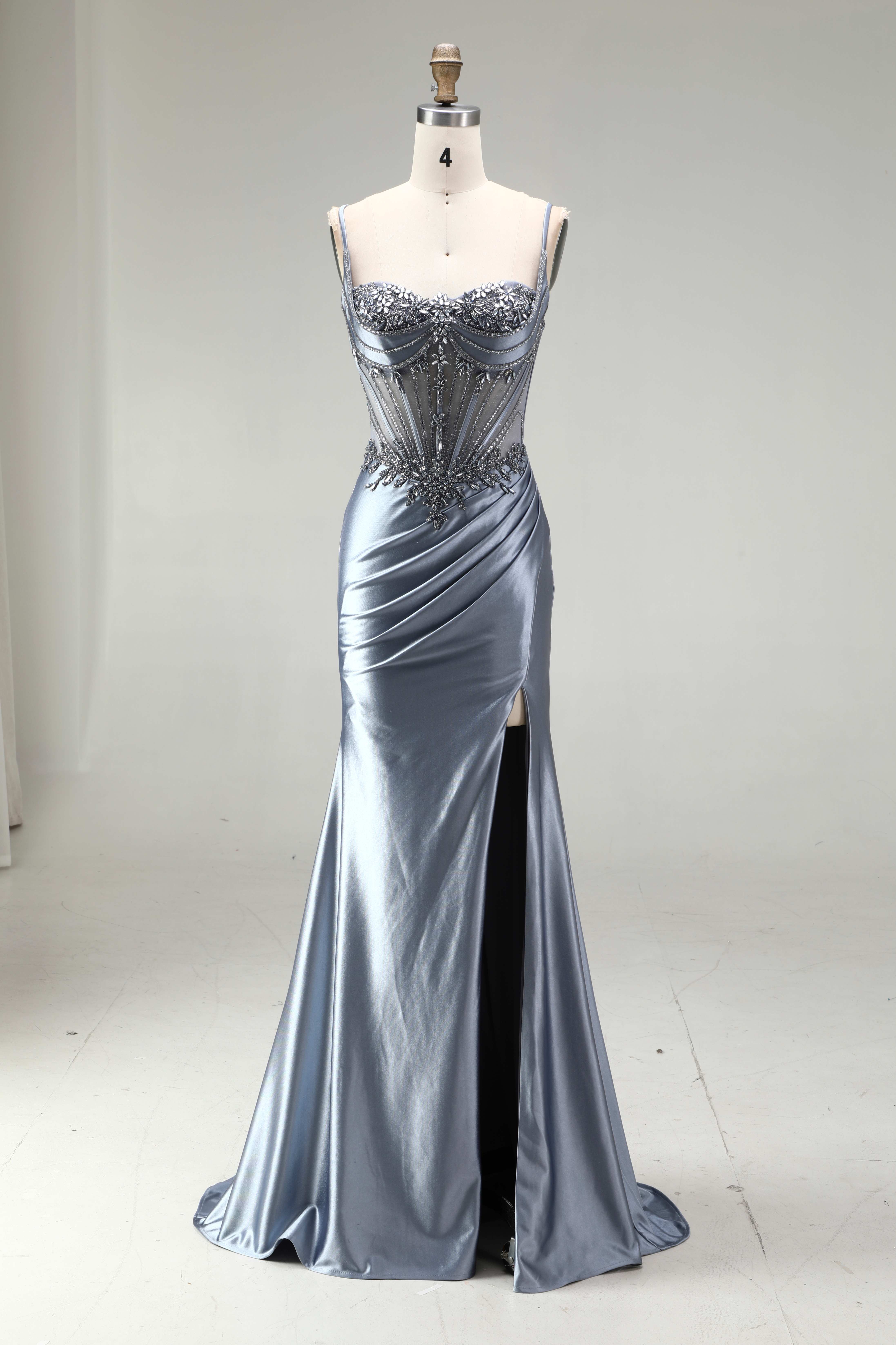 SPU -608S20LF005 Dusty Blue Satin Ruched Slit Mermaid Gown