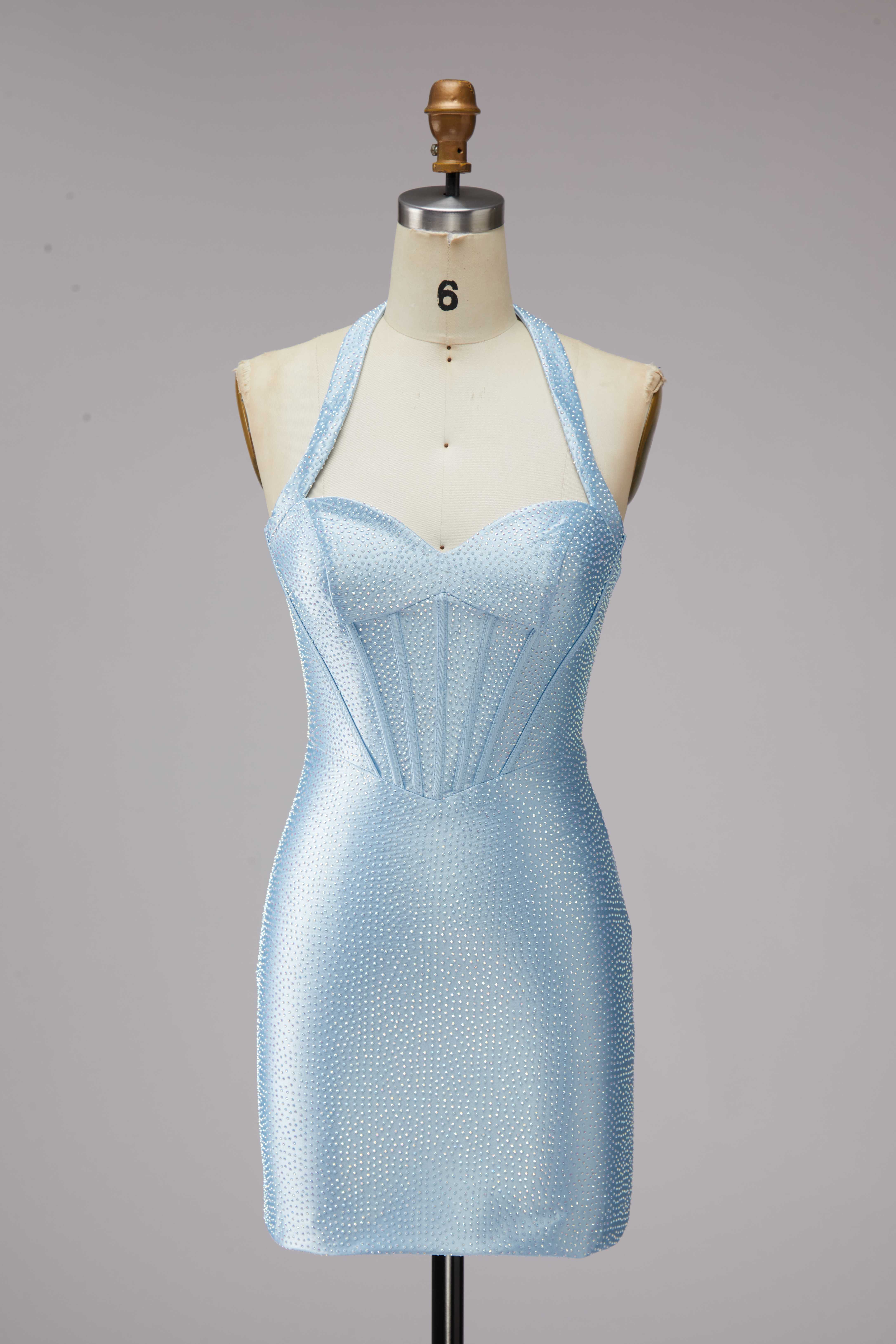 SKU - 608S02LF0032 Light Blue Halter Corset Bodycon Homecoming Dress
