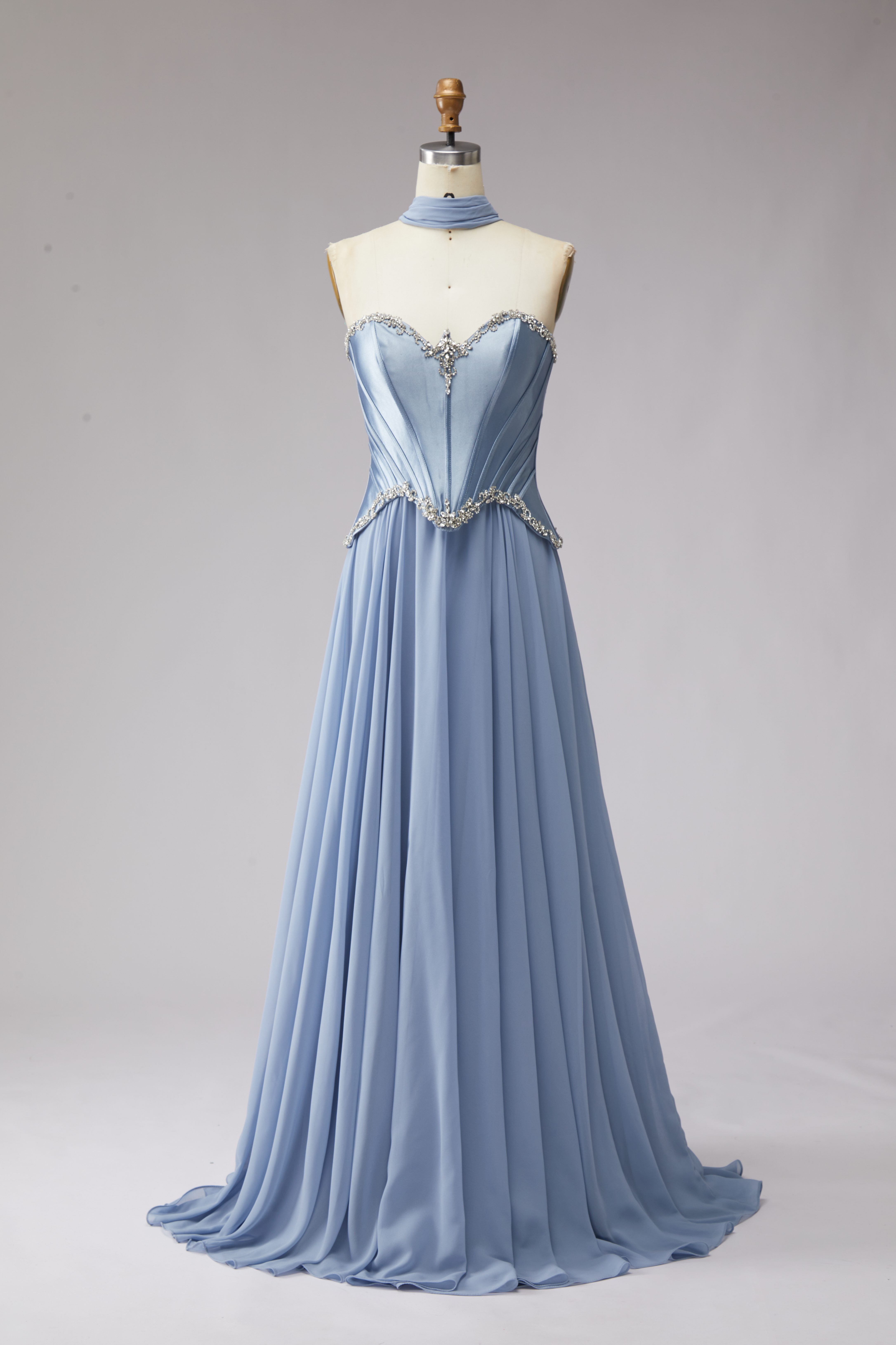 SPU - 608S20LF007 Slate Blue Strapless Sash Chiffon Gown