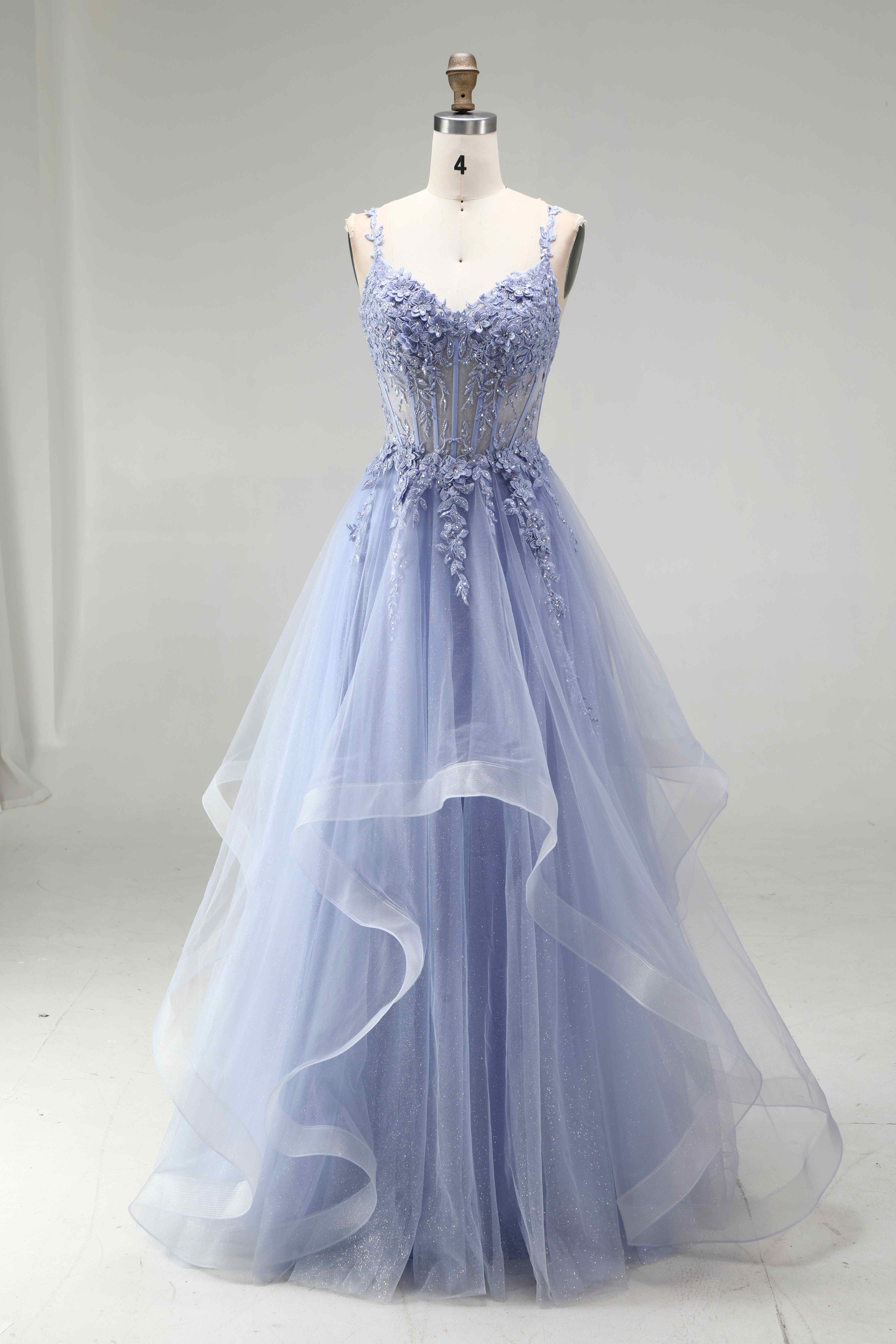 SPU - 608S20LF008 Lavender Blue Floral Tiered Tulle Gown