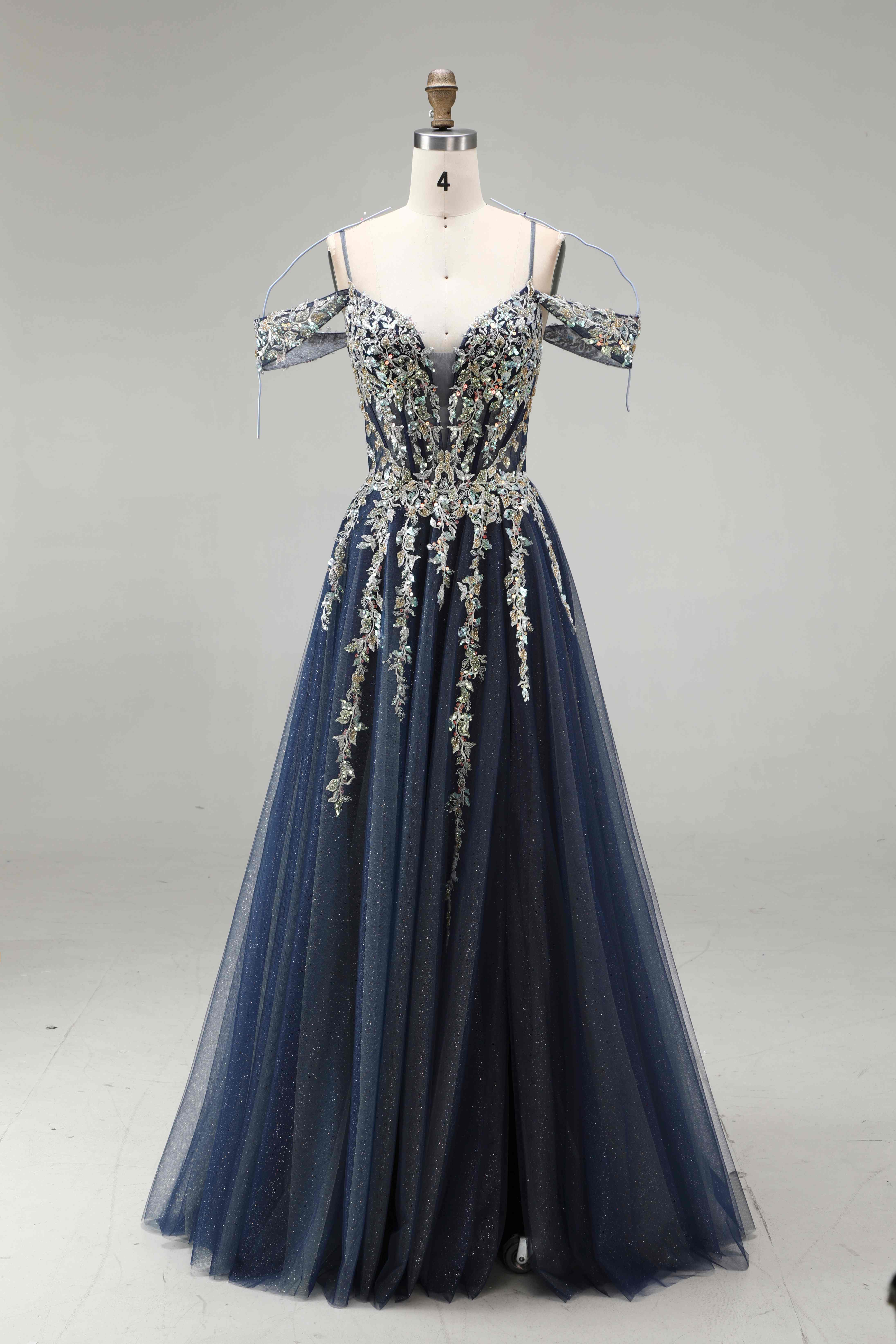 SPU - 608S20LF009 Navy Blue Gold Lace Off‑Shoulder Gown