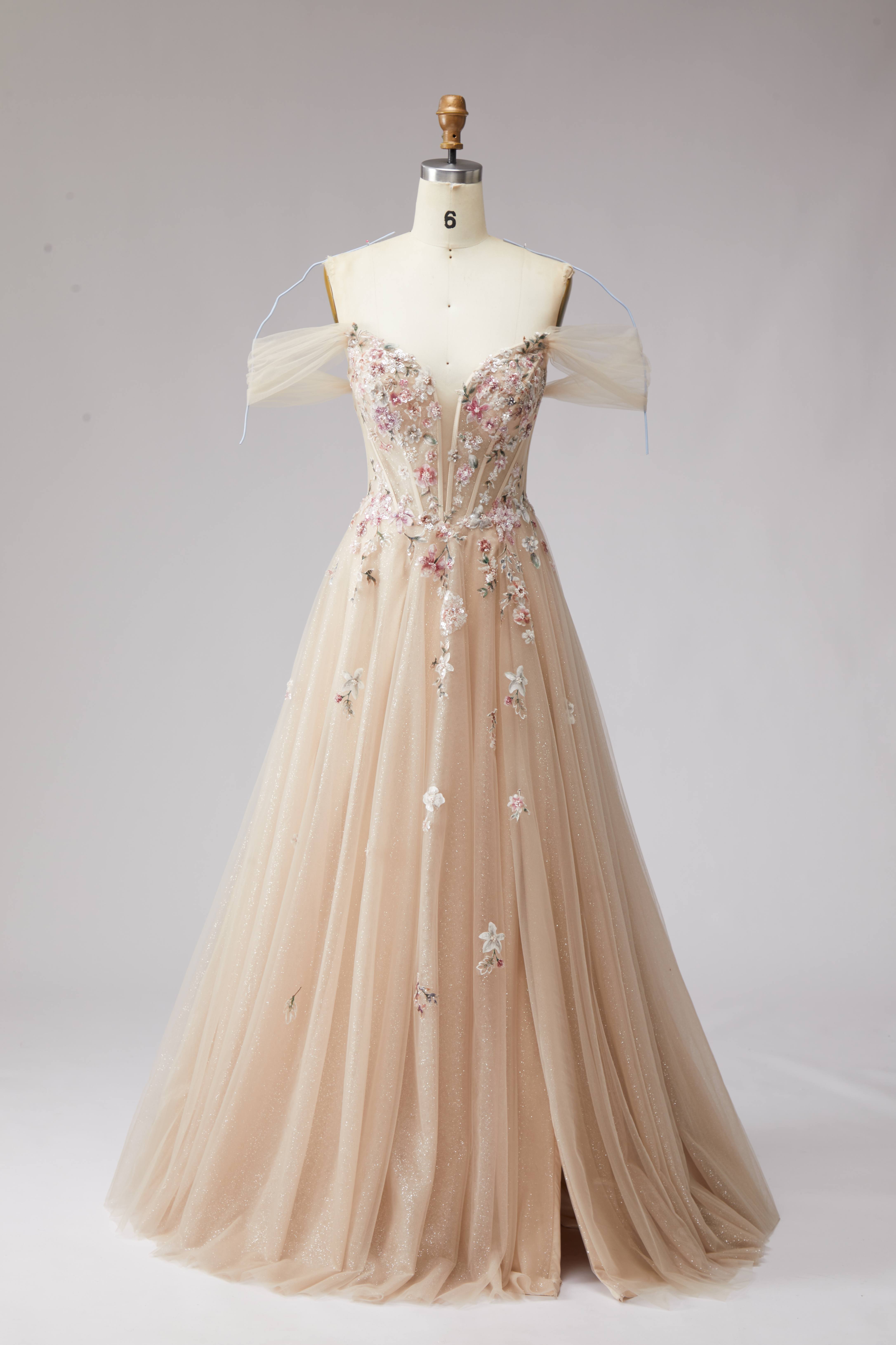 SPU - 608S20LF010 Champagne Floral Off‑Shoulder Tulle Gown