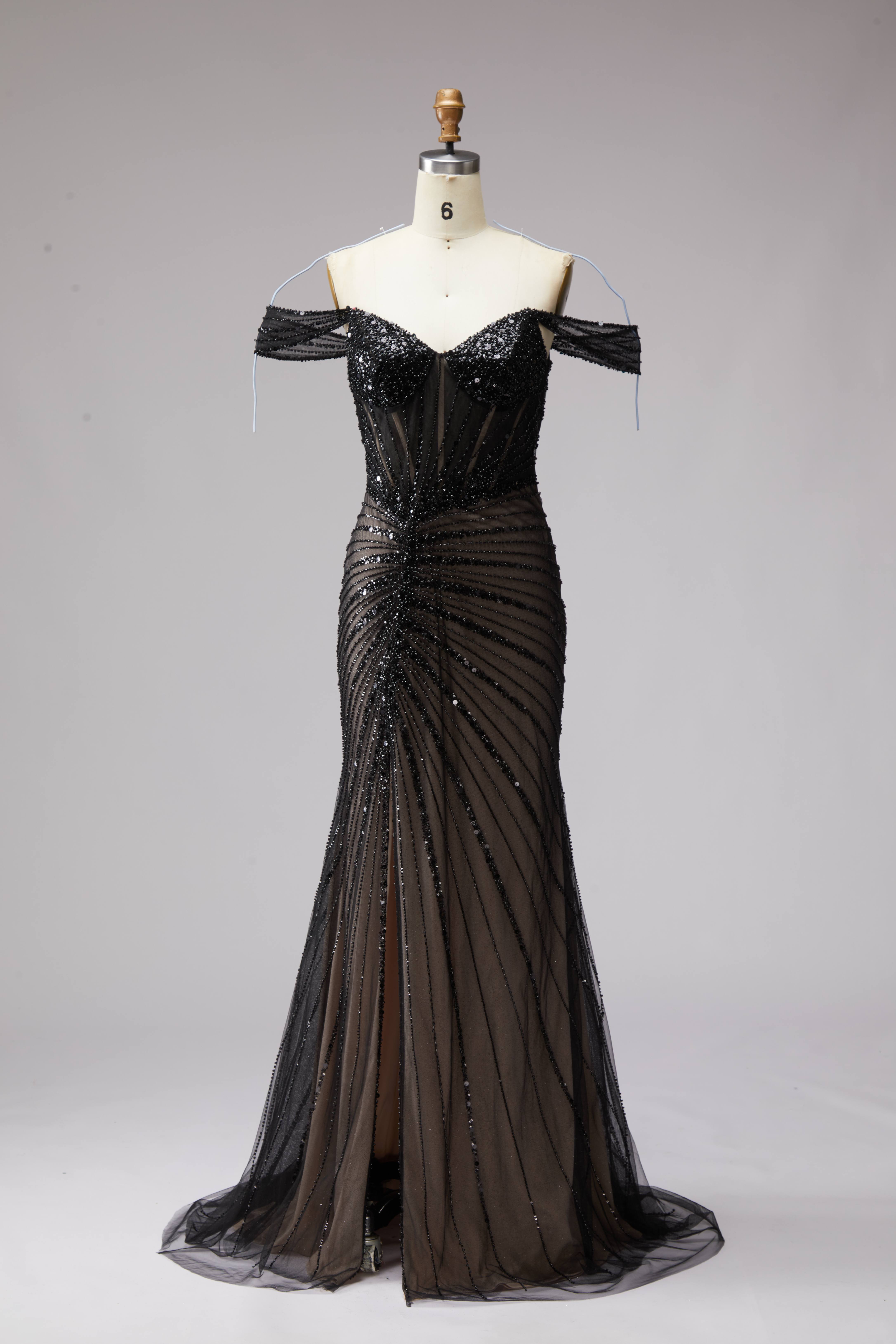 SPU - 608S20LF011 Black Beaded Sheer Off‑Shoulder Mermaid Gown
