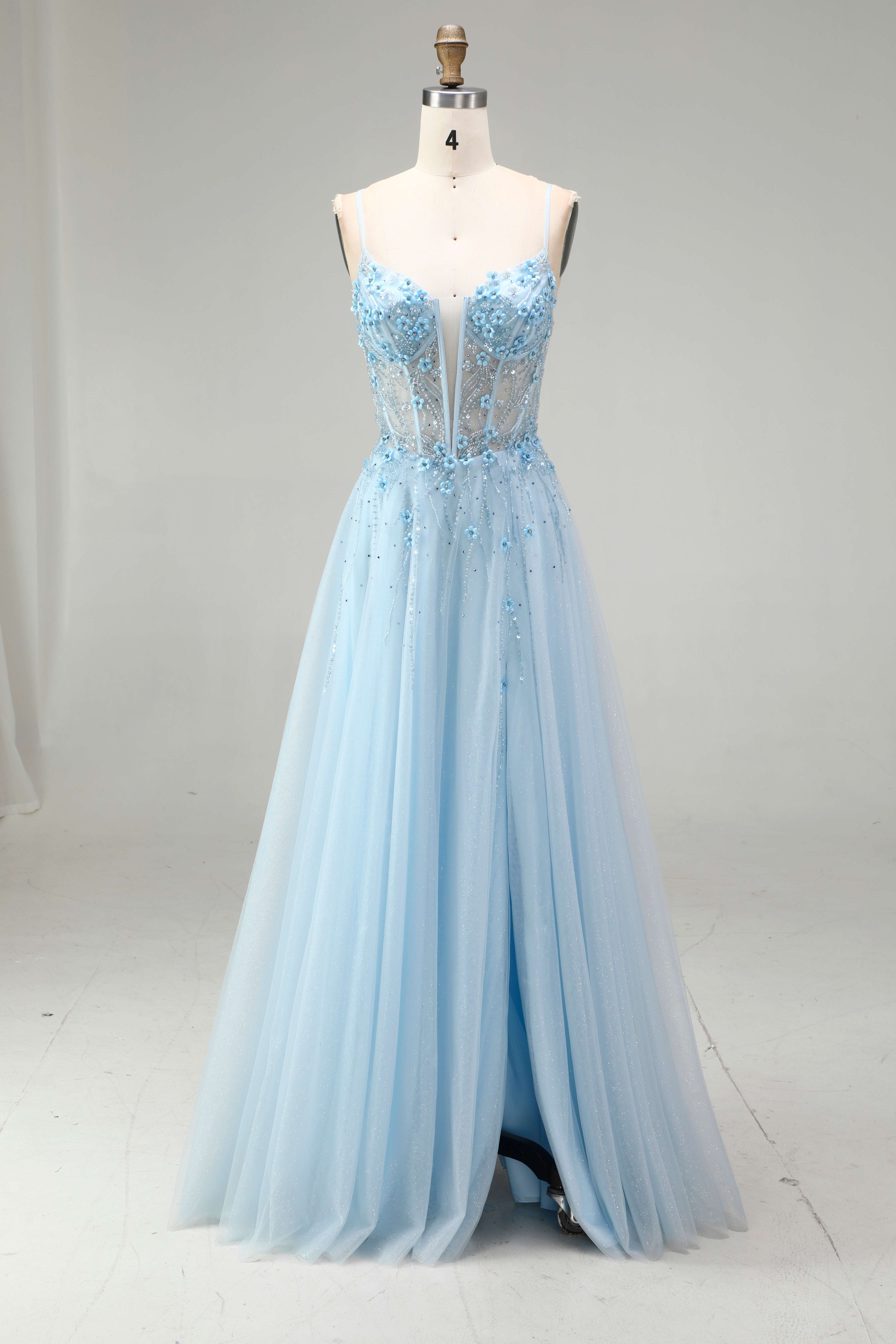 SPU - 608S20LF012 Sky Blue Beaded Spaghetti Strap A‑Line Gown