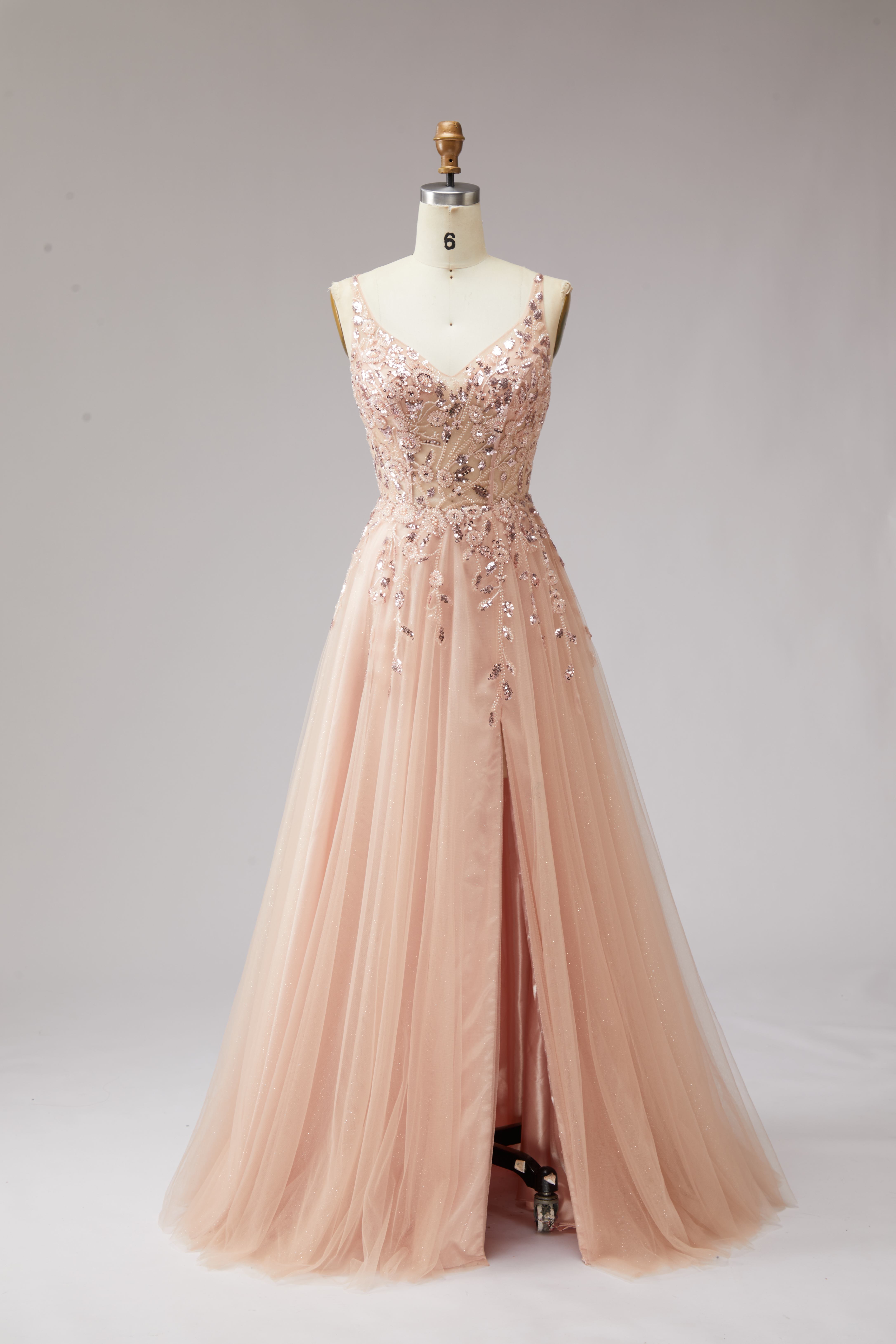 SPU - 608S20LF013 Blush Pink Sequin Spaghetti Strap Prom Gown