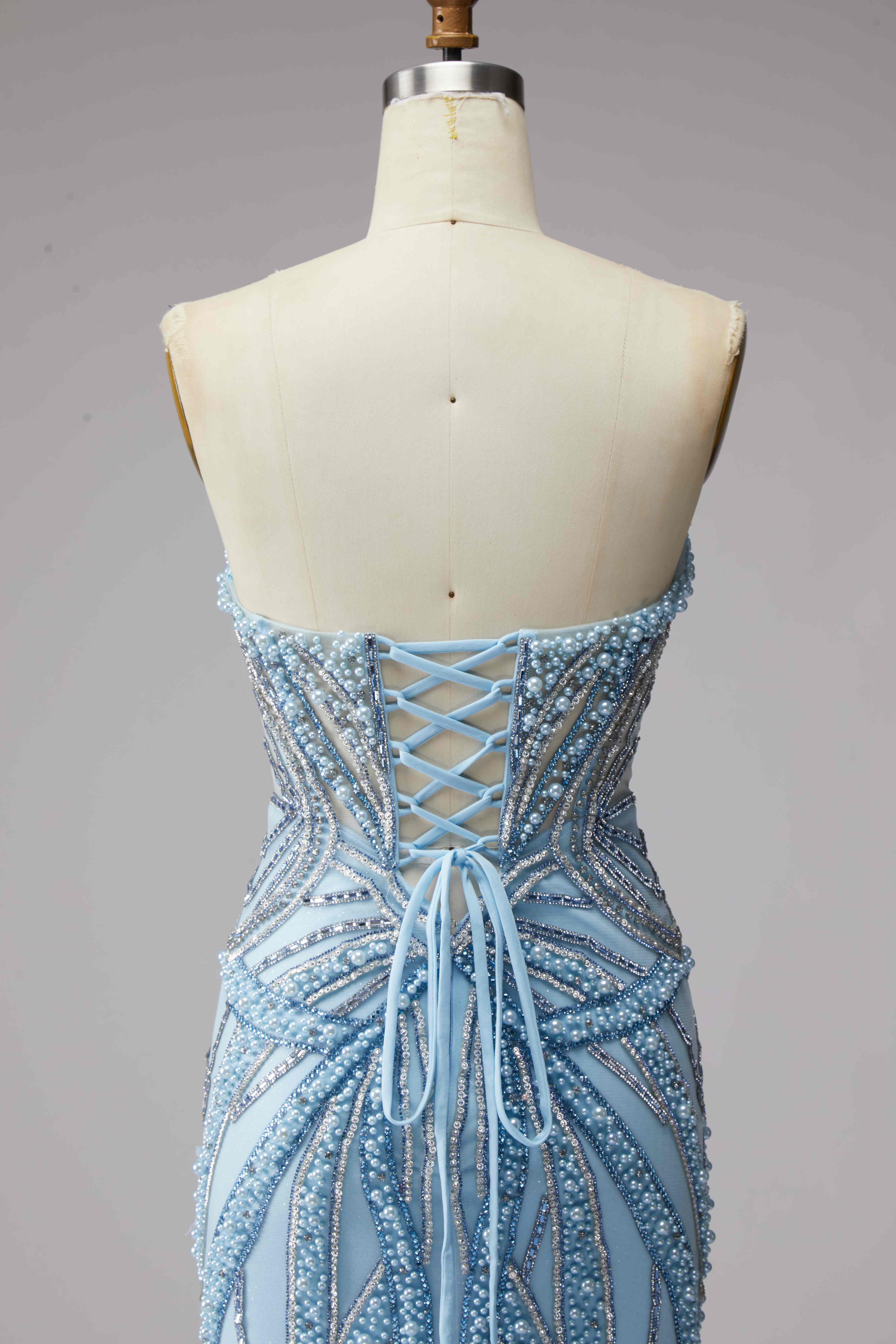 SPU - 608S20LF014 Sky Blue Beaded Strapless Mermaid Evening Gown