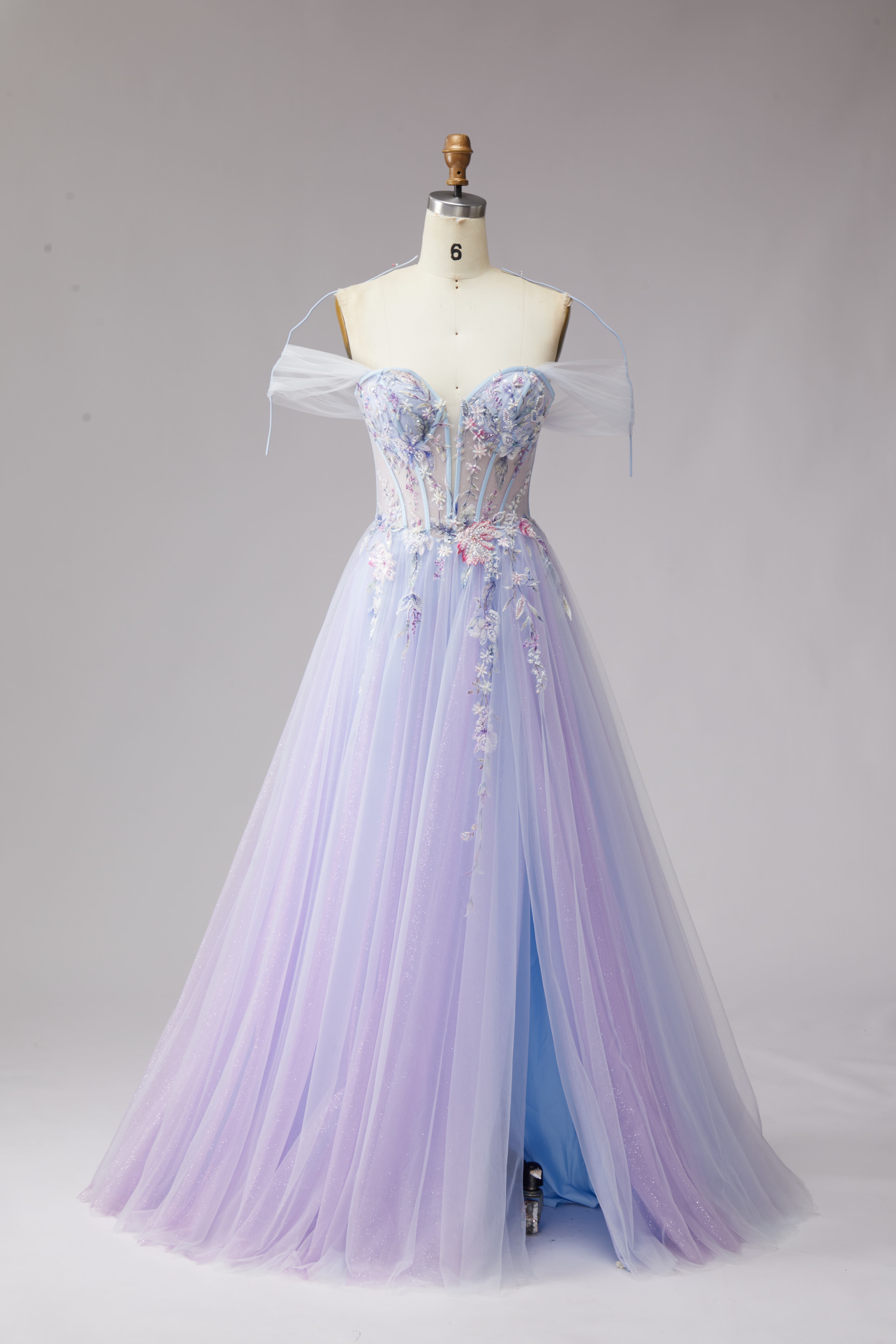 SPU - 608S20LF015 Lavender Floral Off‑Shoulder Tulle Gown