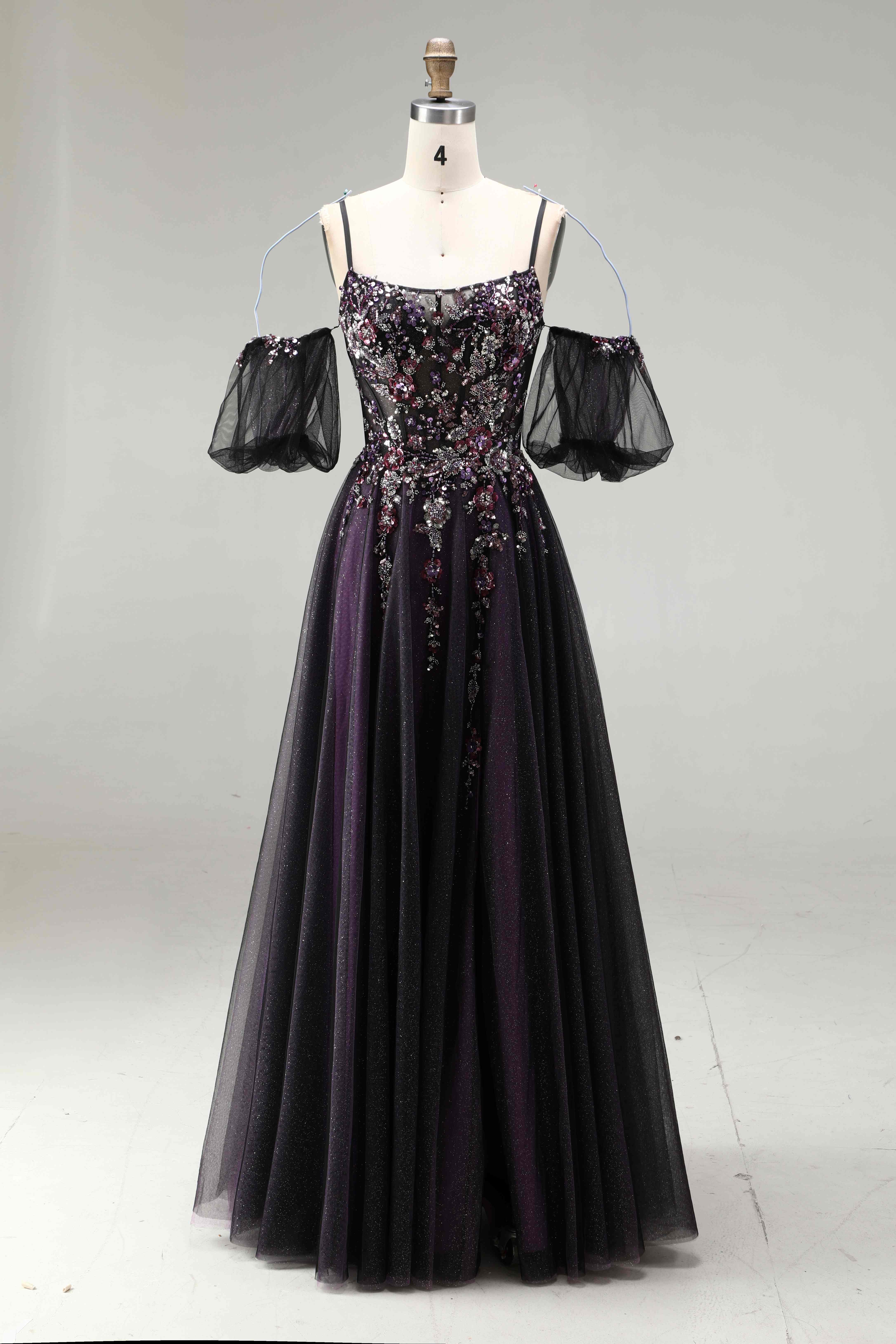 SPU - 608S20LF016 Dark Purple Floral Off‑Shoulder Tulle Gown