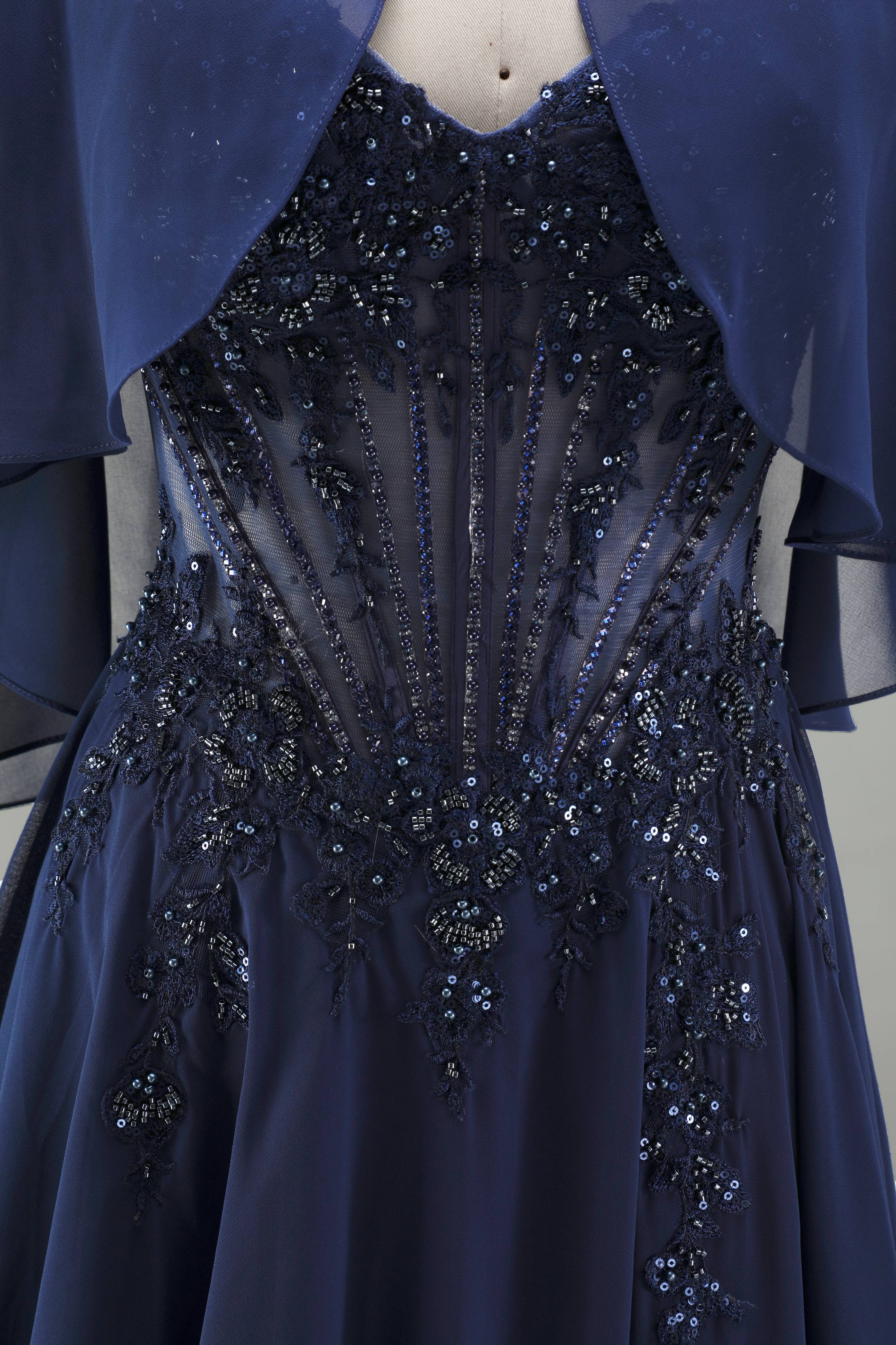 SPU - 608S20LF018 Navy Chiffon Corset Evening Gown