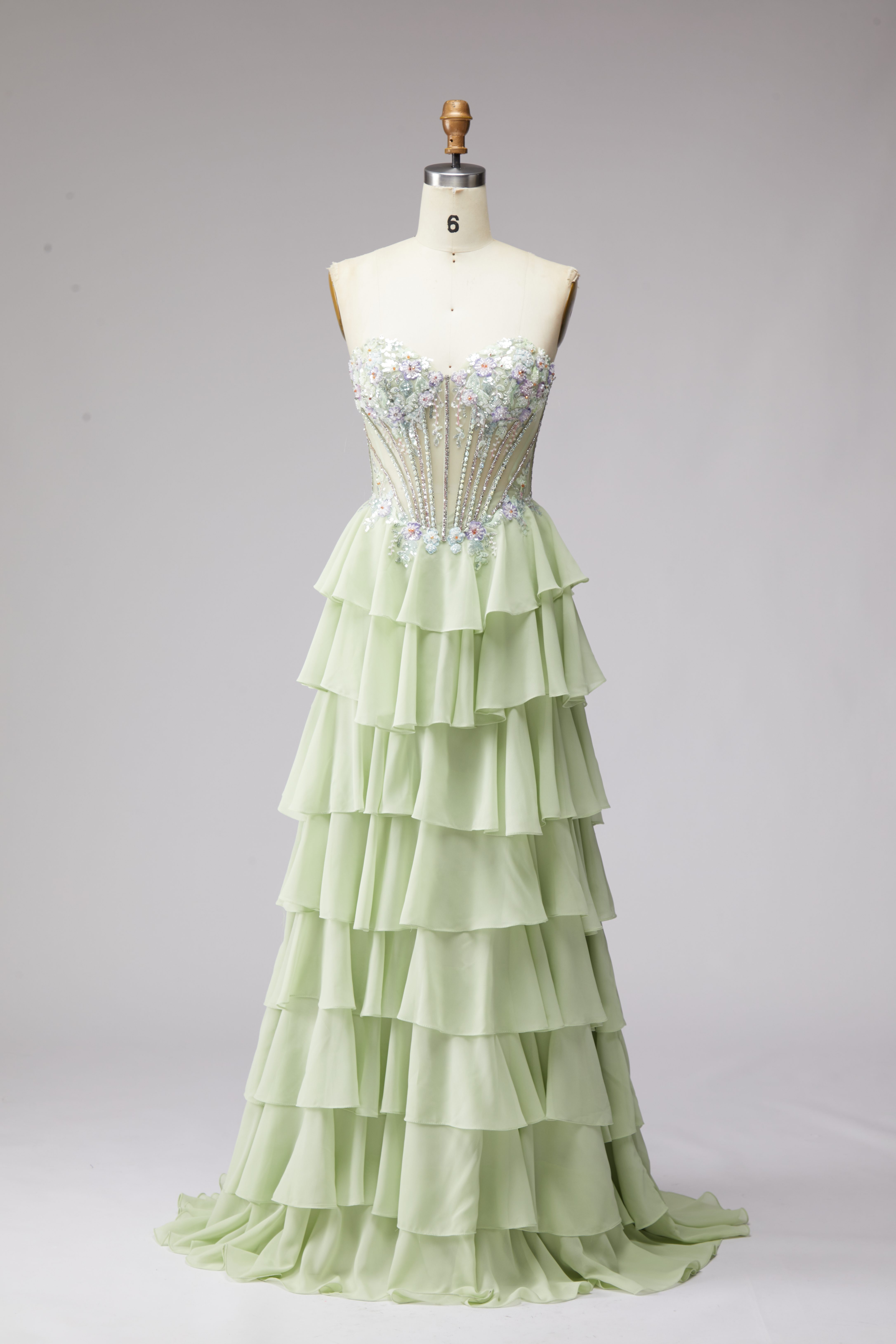SPU - 608S20LF019 Lime Floral Tiered Prom Dress
