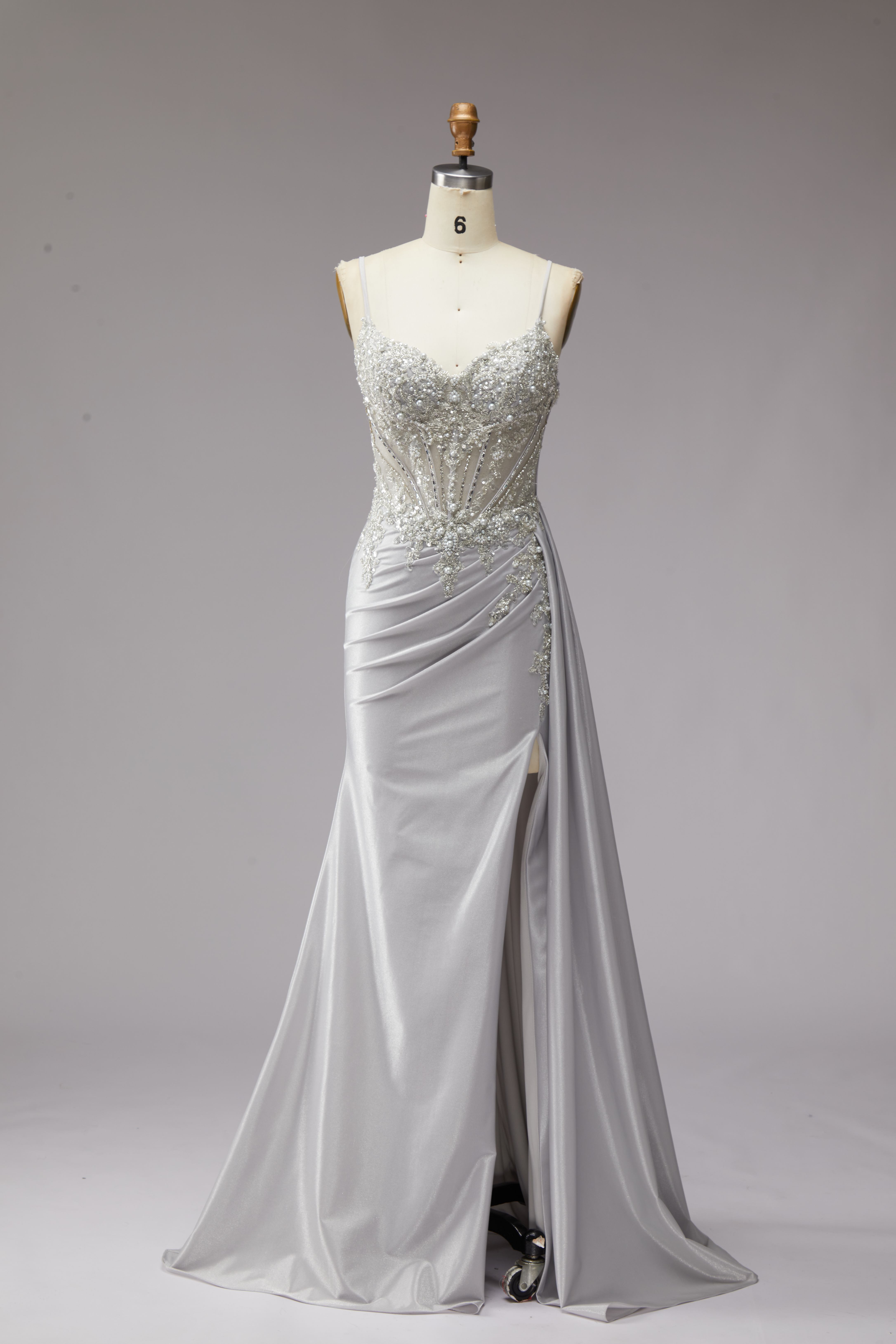 SPU - 608S20LF023 Silver Beaded Slit Prom Gown