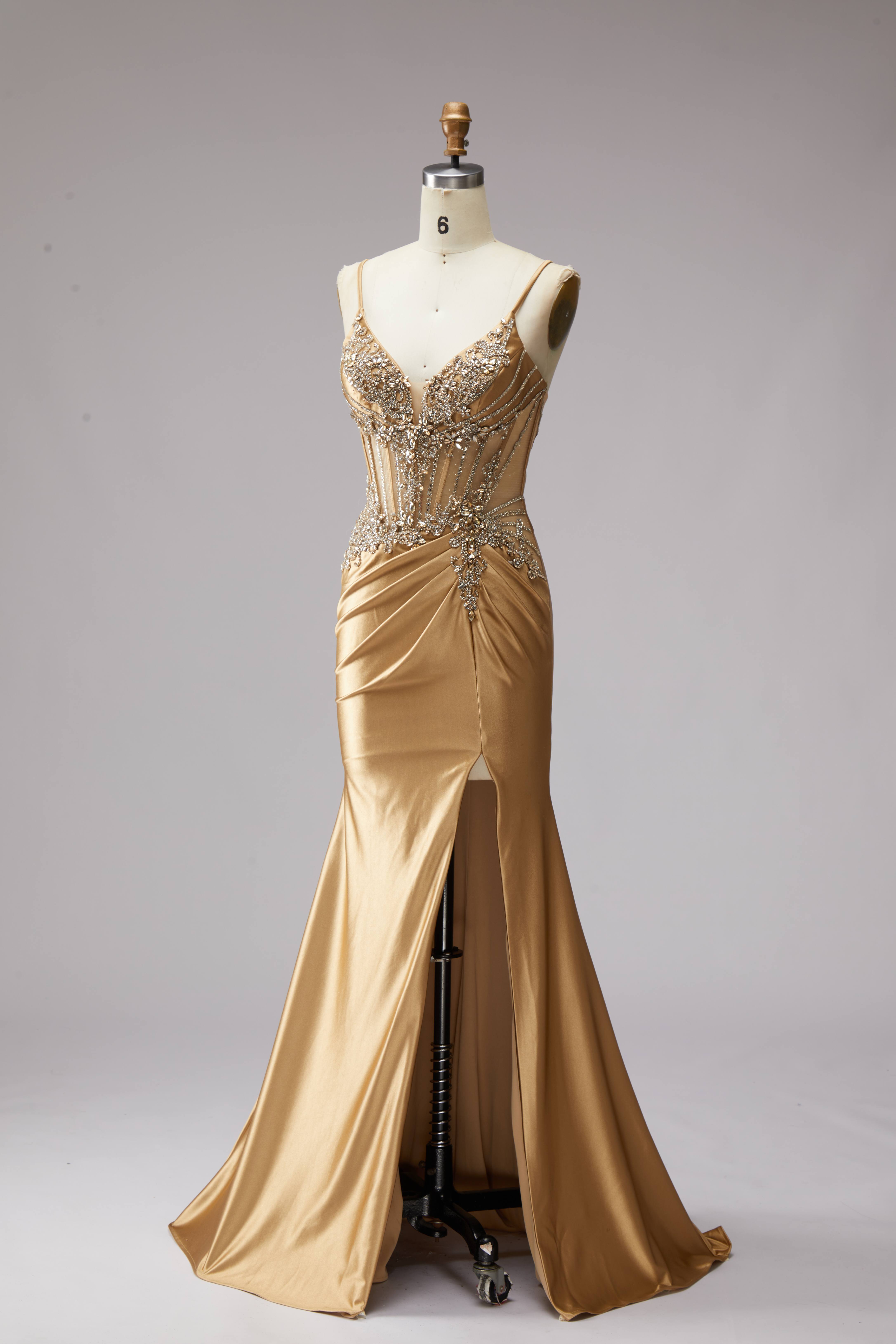 SPU - 608S20LF026 Gold Beaded Satin Evening Gown
