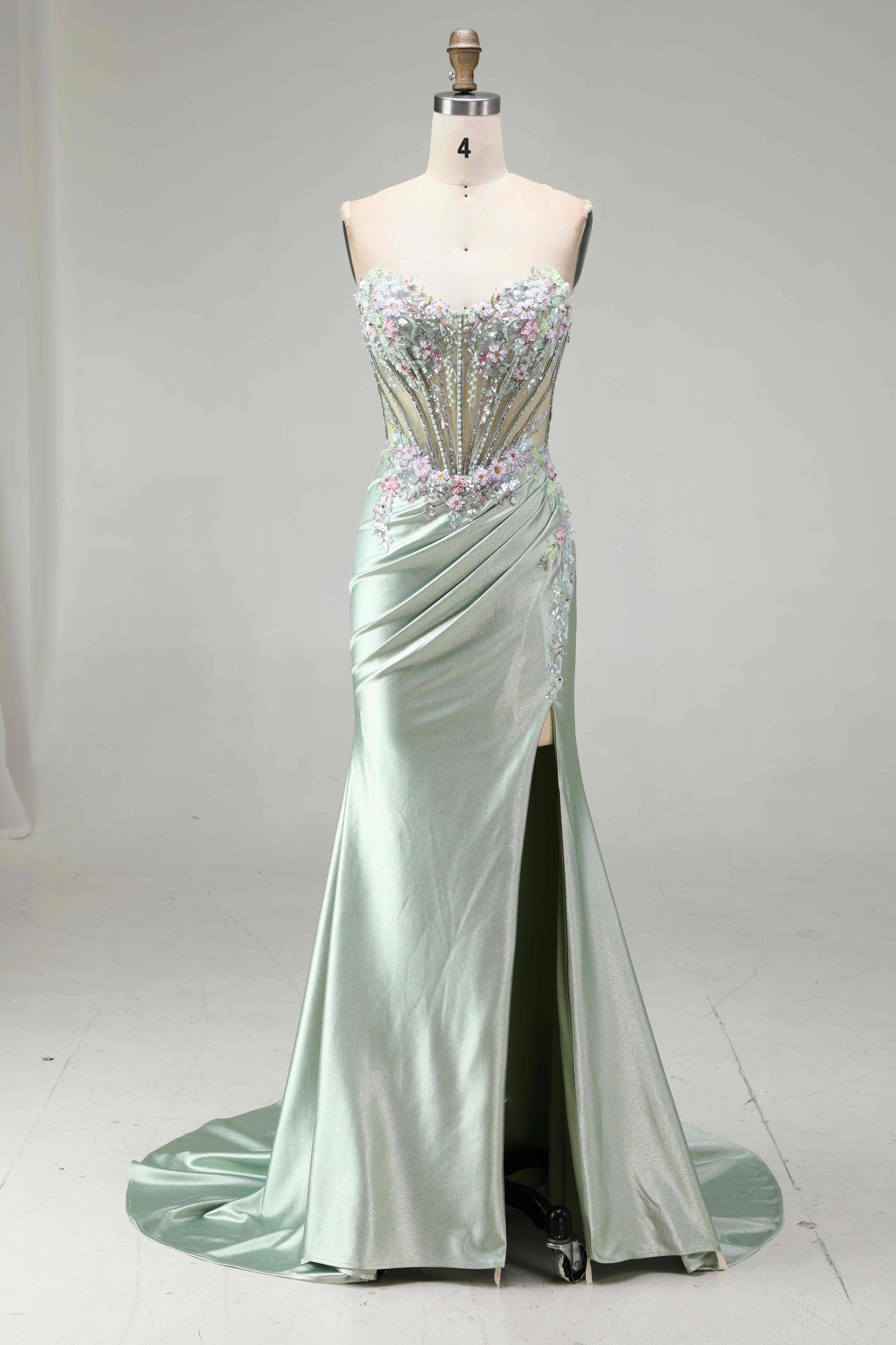 SPU - 608S20LF027 Sage Beaded Corset Slit Mermaid Gown