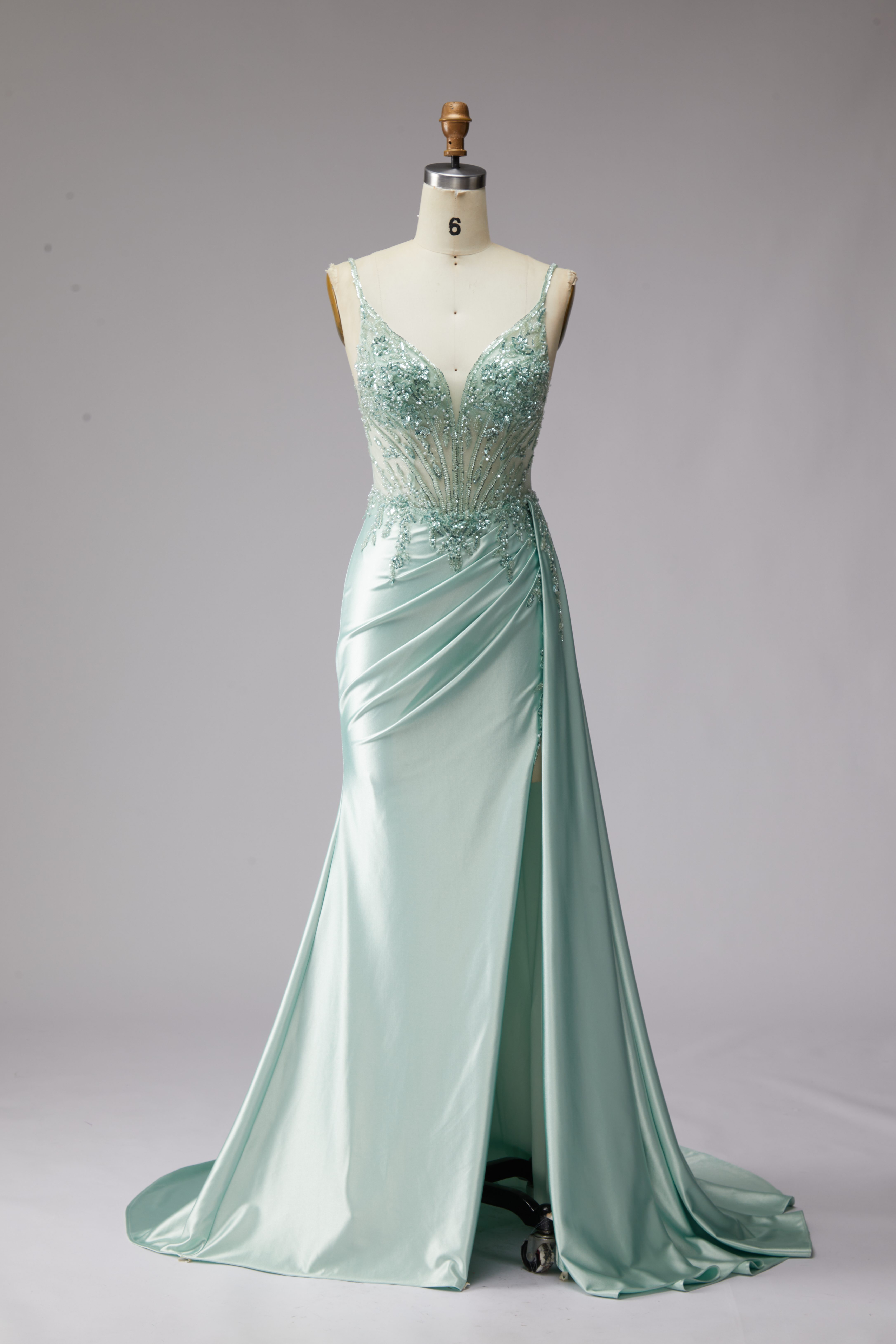 SPU - 608S20LF028 Sage Spaghetti Strap Slit Evening Dress 