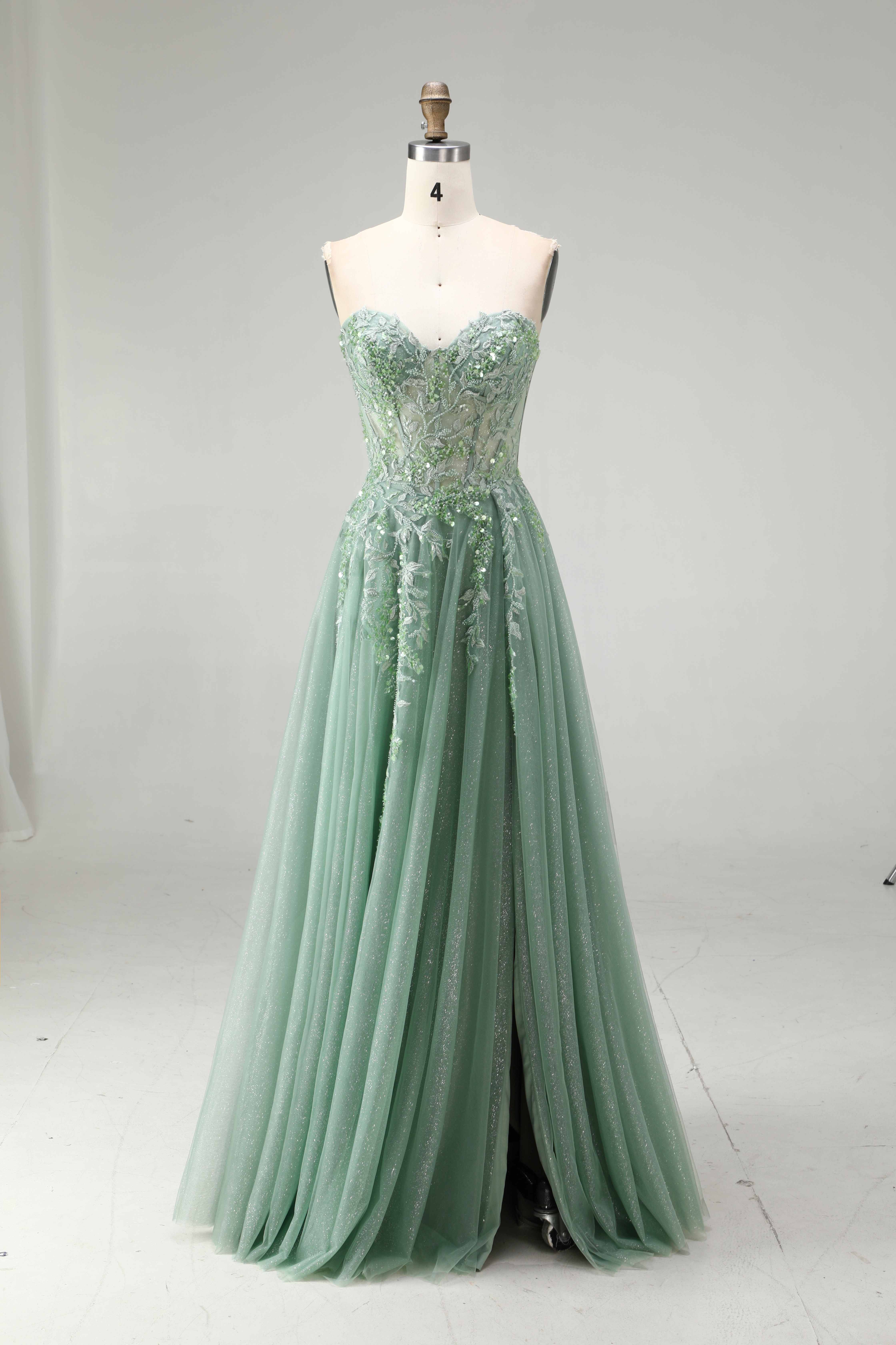 SPU - 608S20LF030 Sage Lace Appliqued Tulle Prom Dress