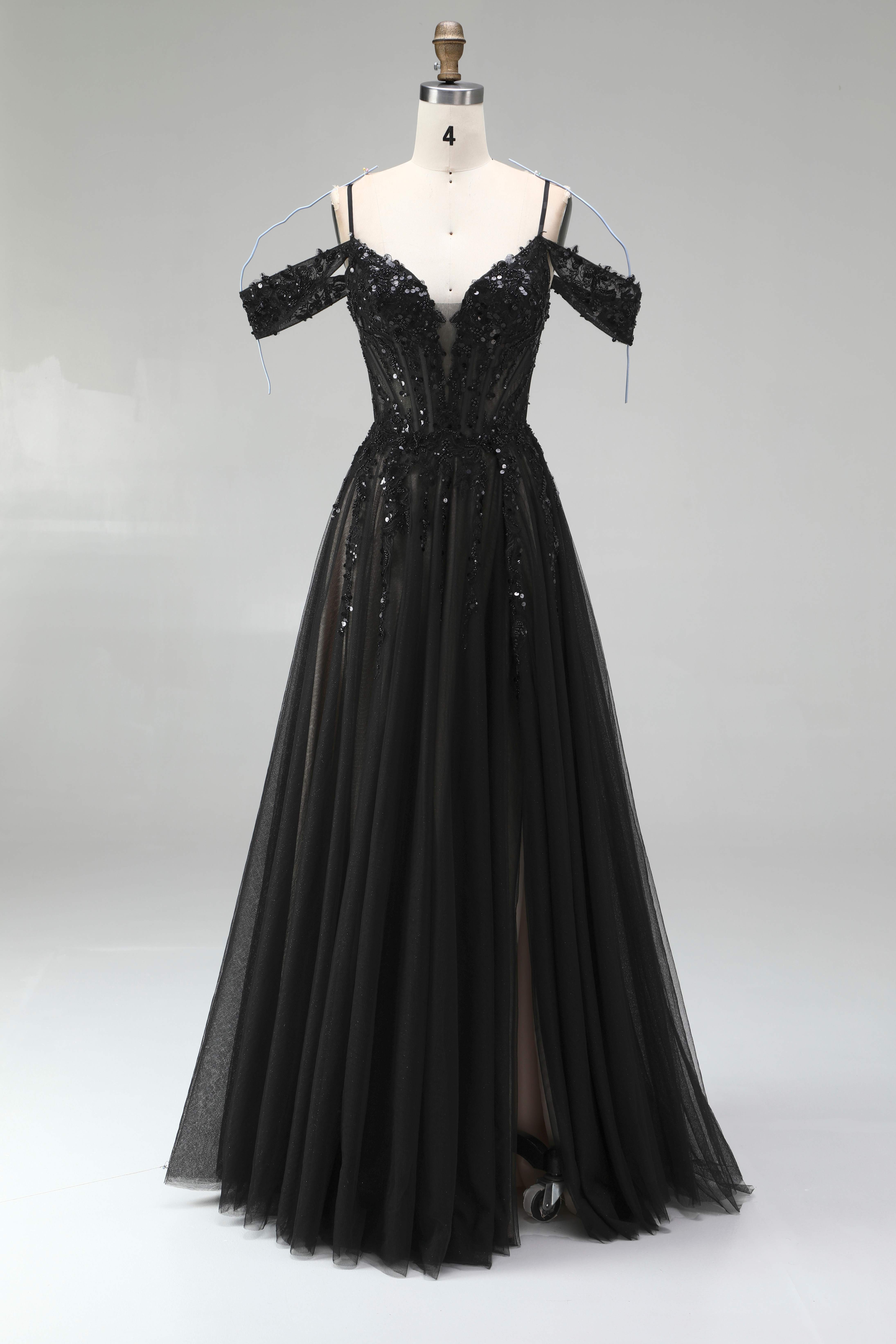 SPU - 608S20LF031 Black Off‑the‑Shoulder Tulle Evening Gown