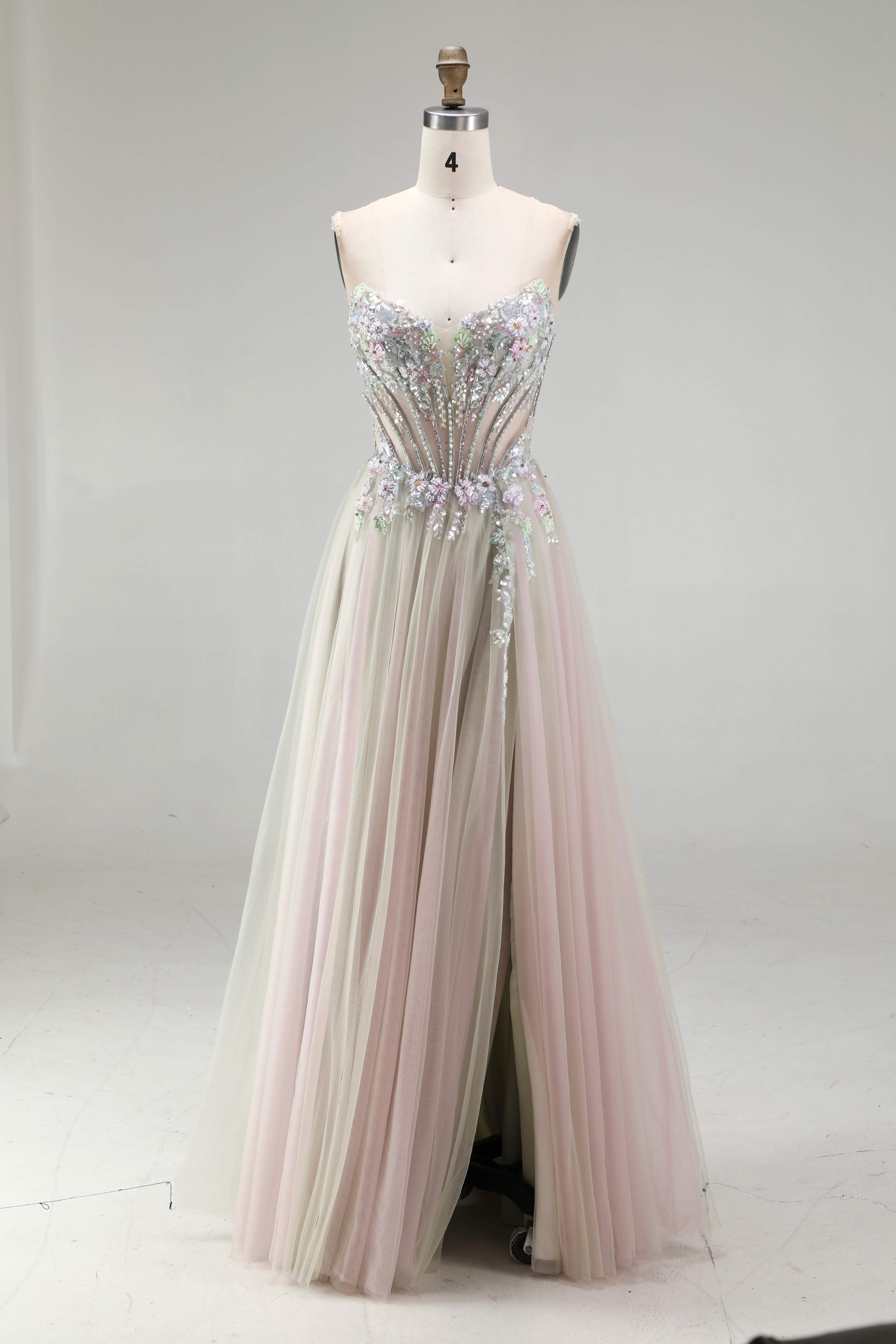 SPU - 608S20LF032 Pastel Floral Beaded Tulle Prom Gown