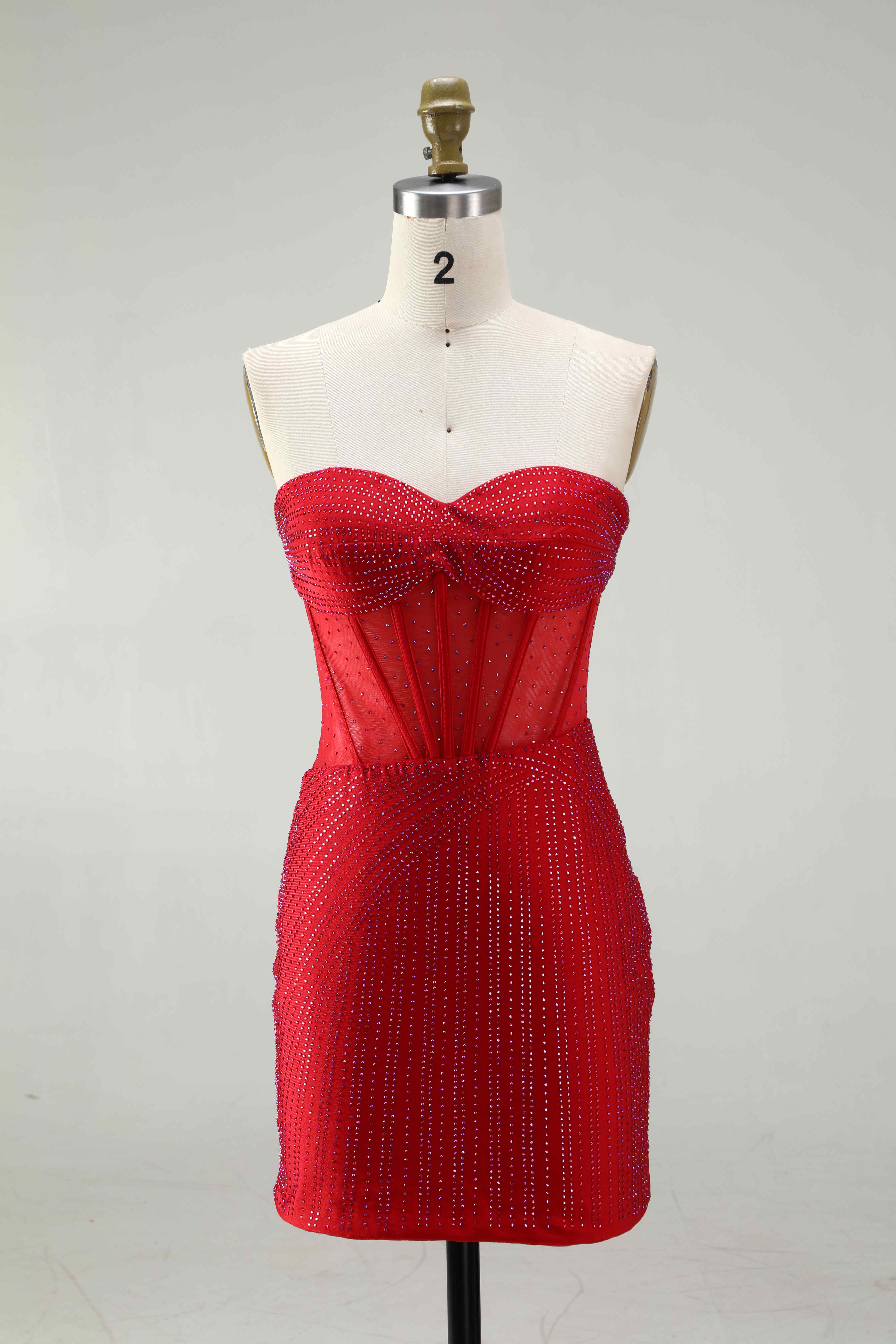 SPU - 608S02LF0033-1 Red Rhinestone Corset Short Homecoming Dress