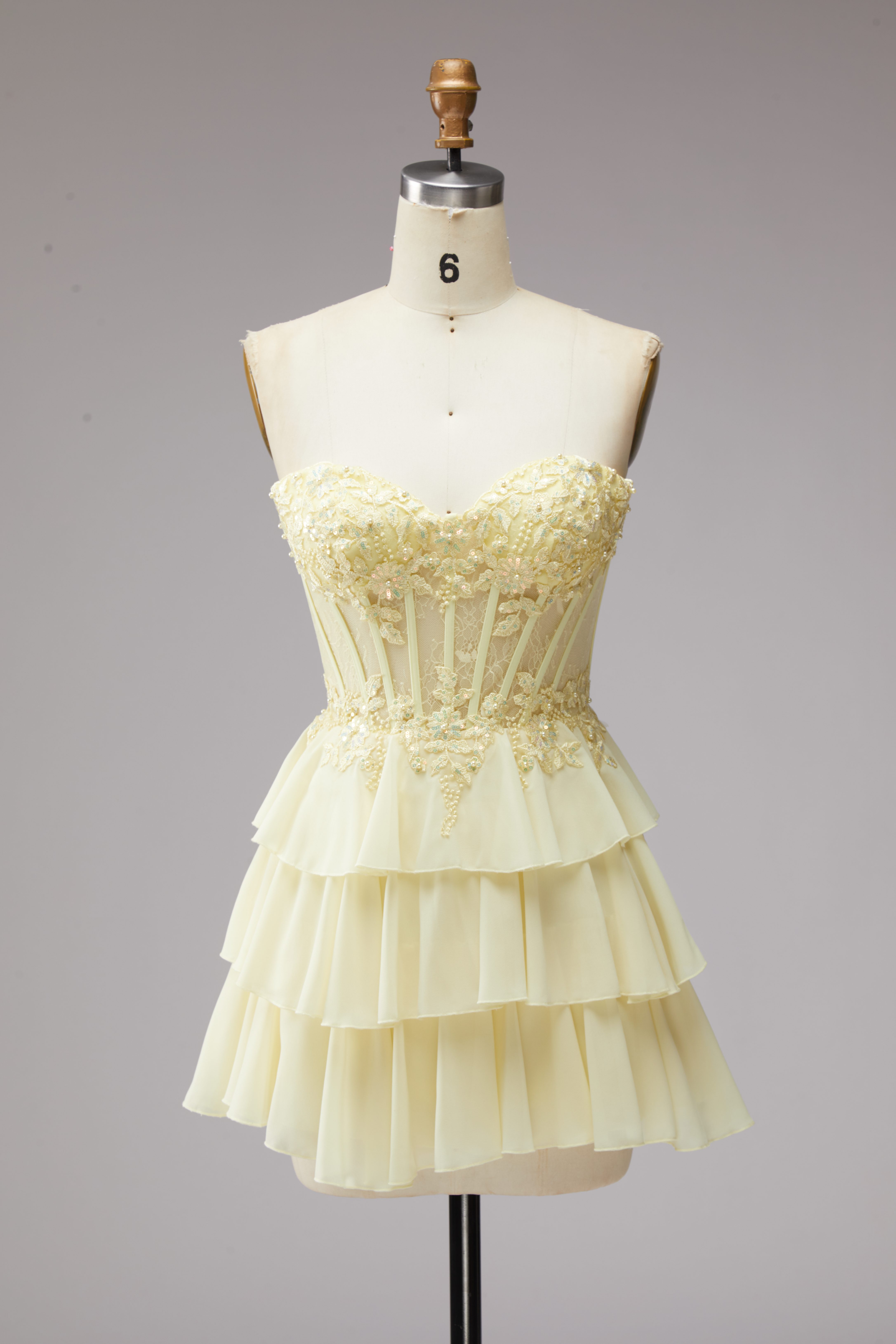 SPU - 608S02LF0034 Pale Yellow Lace Tiered Short Party Dress