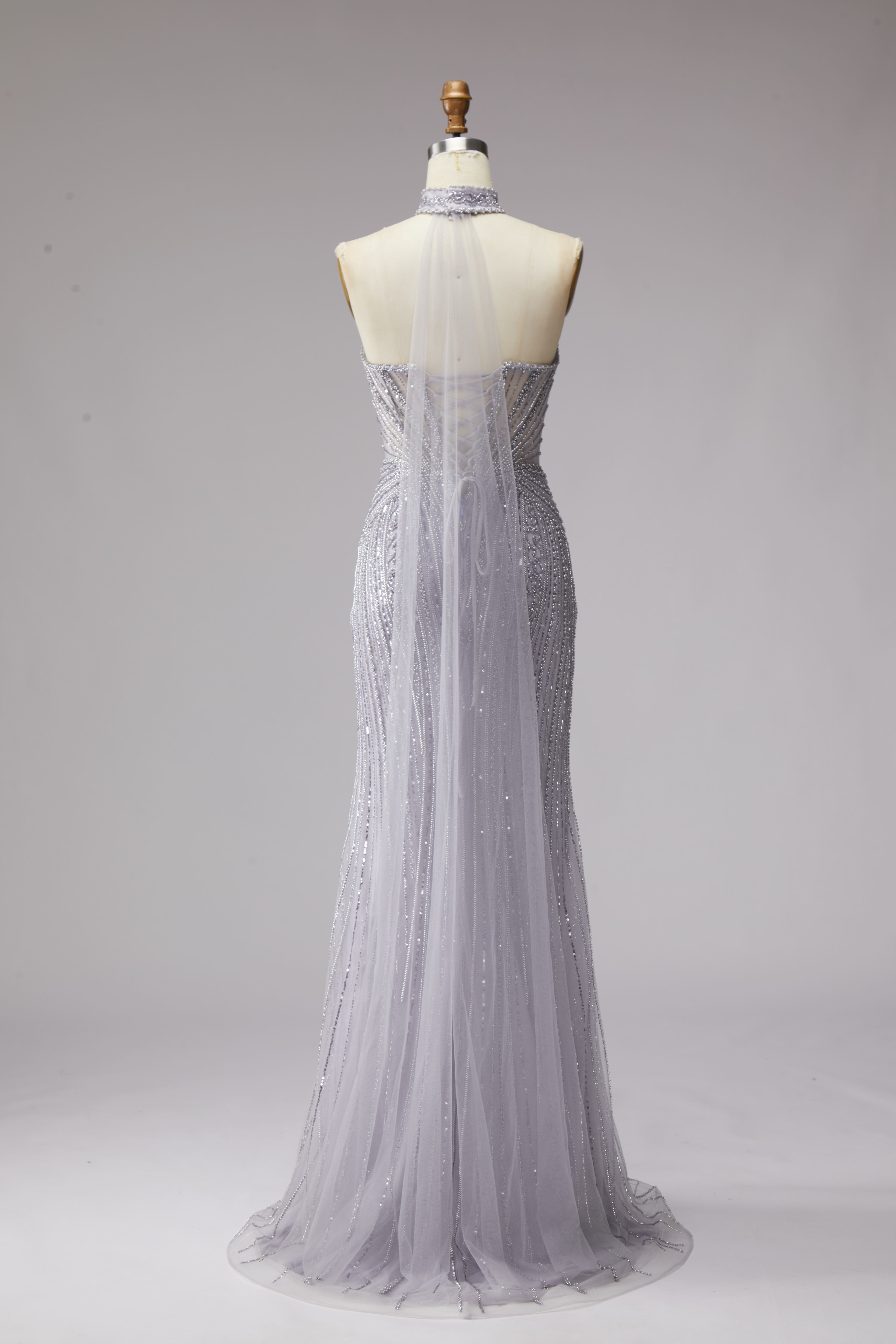 SPU - 608S40LF005 Silver‑Grey Beaded Sweetheart Mermaid Dress